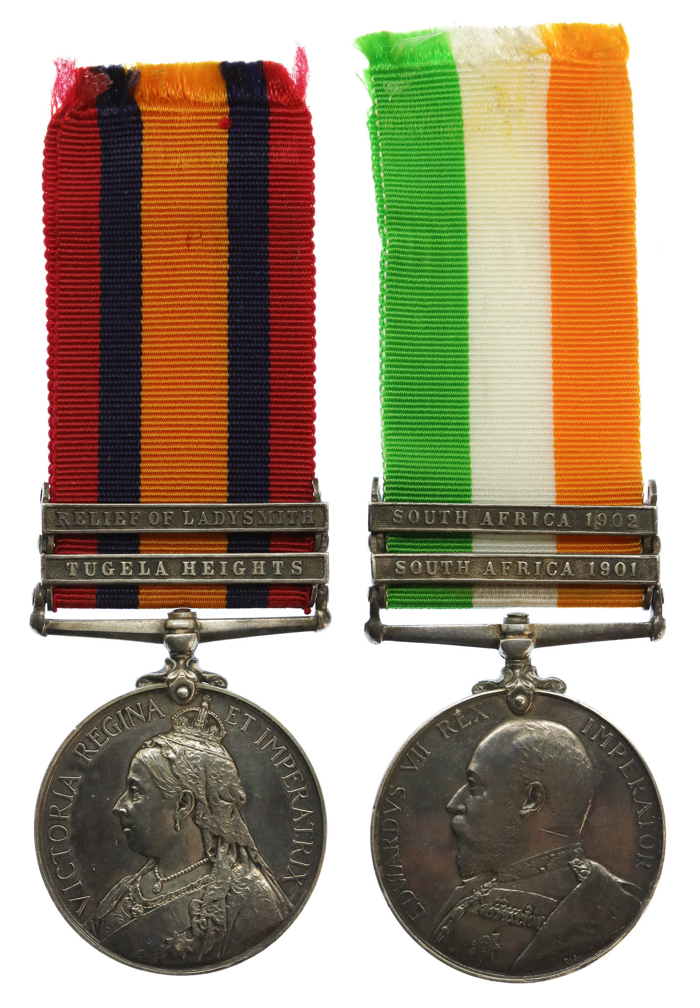 Queen's South Africa (Clasps - Tugela Heights, Relief of Ladysmith) and King's South Africa (Clasps - South Africa 1901, South Africa 1902) Medal Pair - Pte. H.J. Bough, Royal Lancaster Regiment