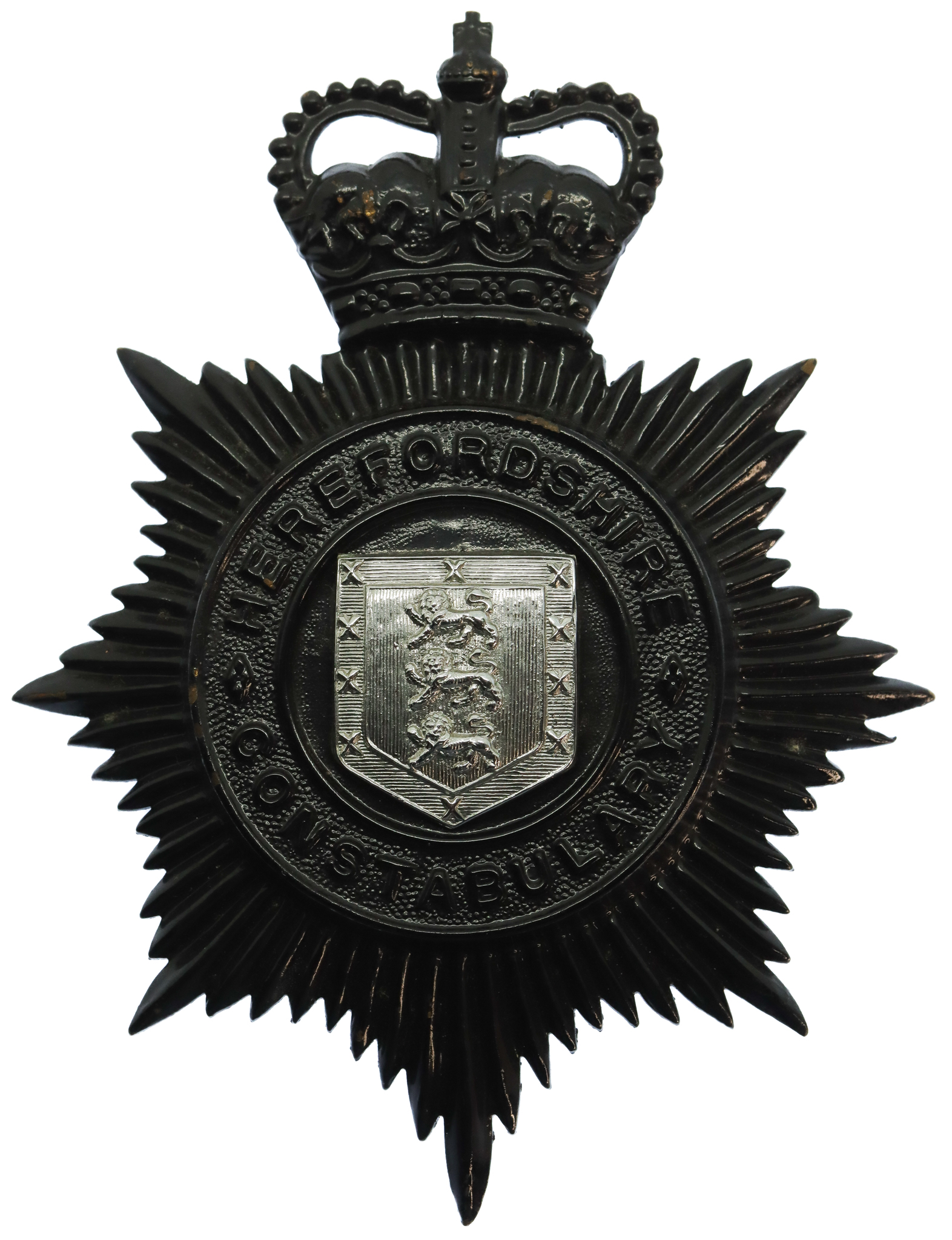 Herefordshire Constabulary Black Helmet Plate - Queen's Crown