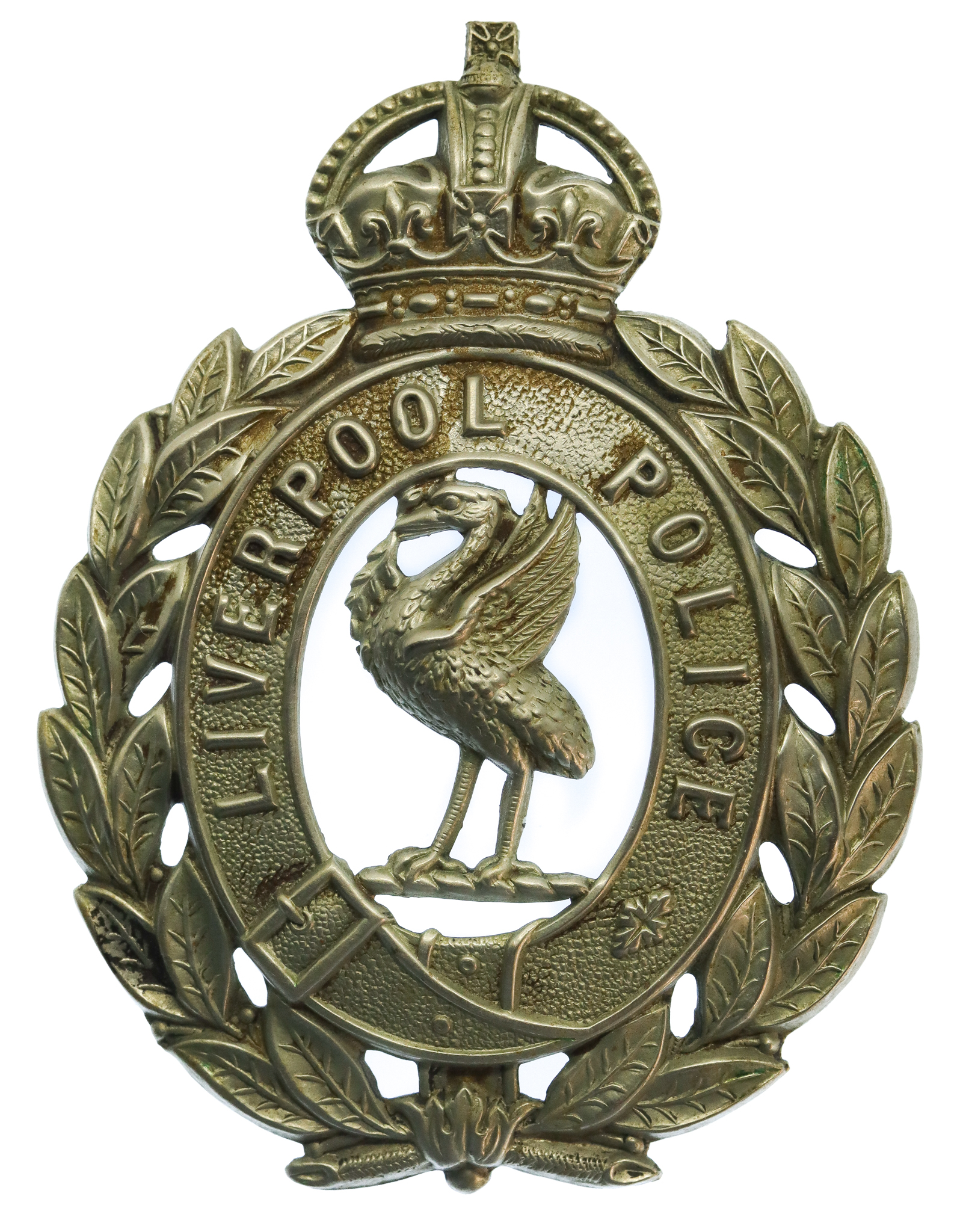 Liverpool City Police White Metal Wreath Helmet Plate - King's Crown