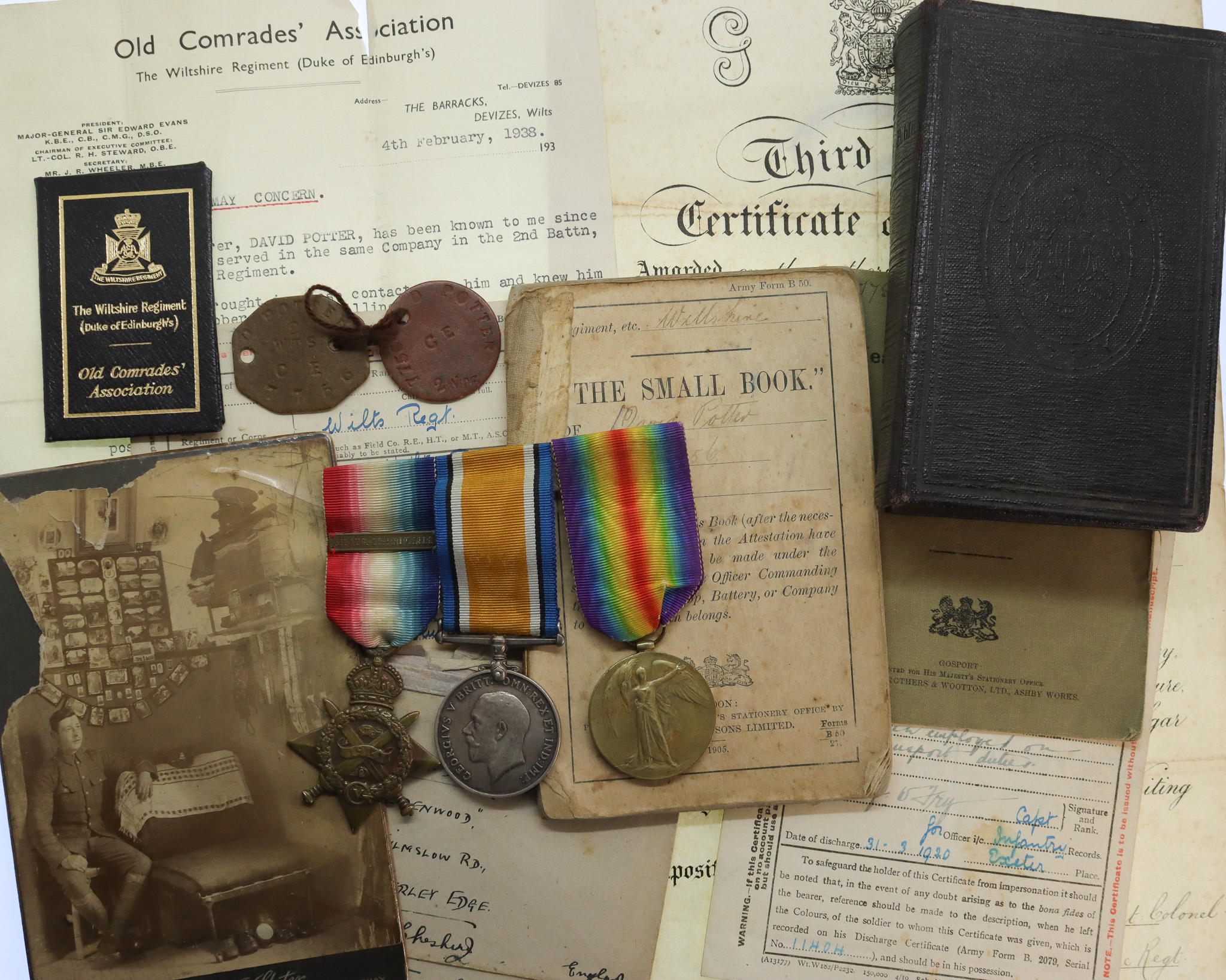 WW1 1914 Mons Star and Bar Medal Trio with Dog Tags and Original Documents - Pte. D. Potter, 2nd Bn. Wiltshire Regiment