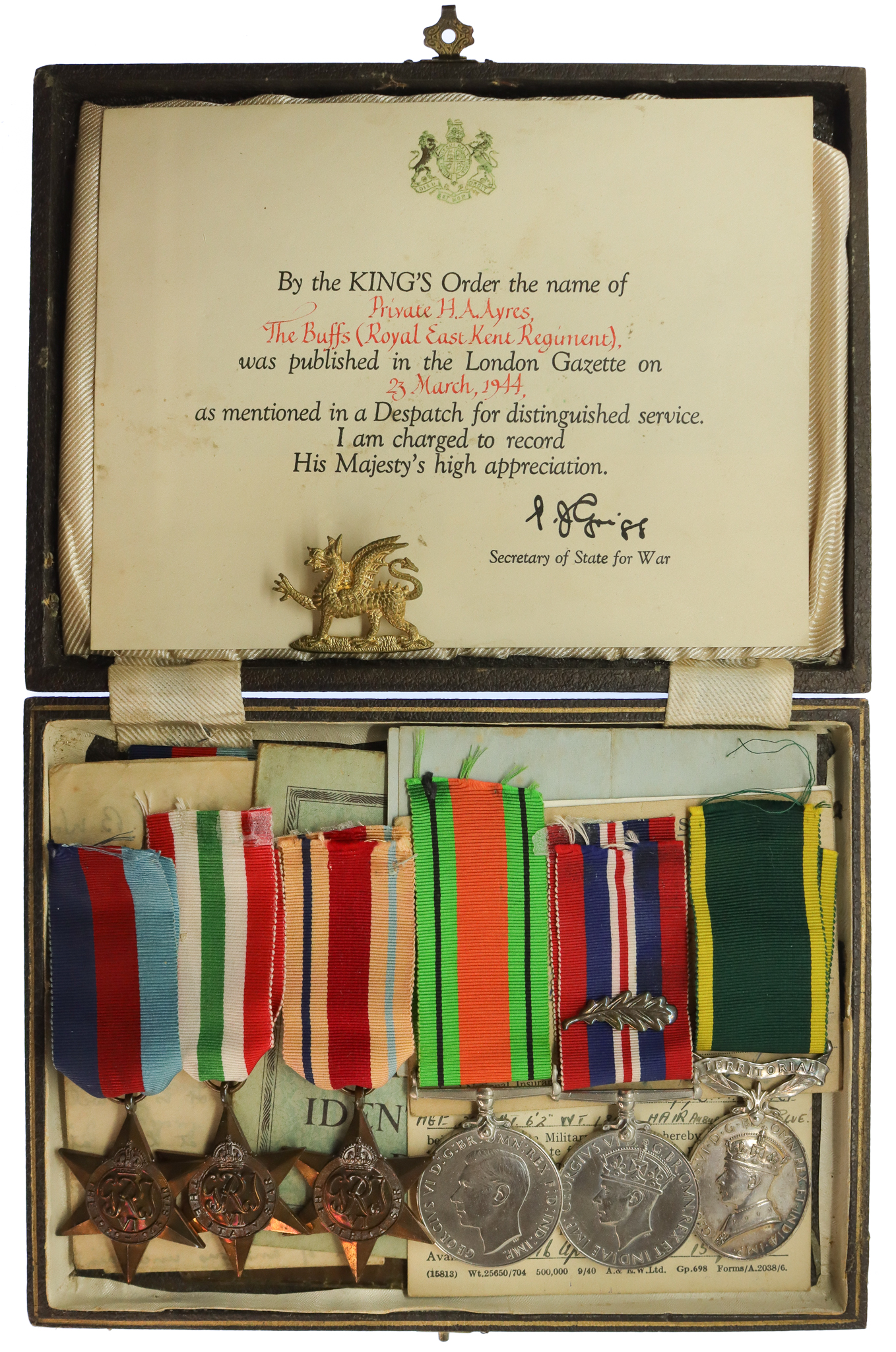 WW2 Mentioned in Despatches and Territorial Efficiency Medal Group of Six with Original Documents - Pte. H.A. Ayres, The Buffs (East Kent Regiment)