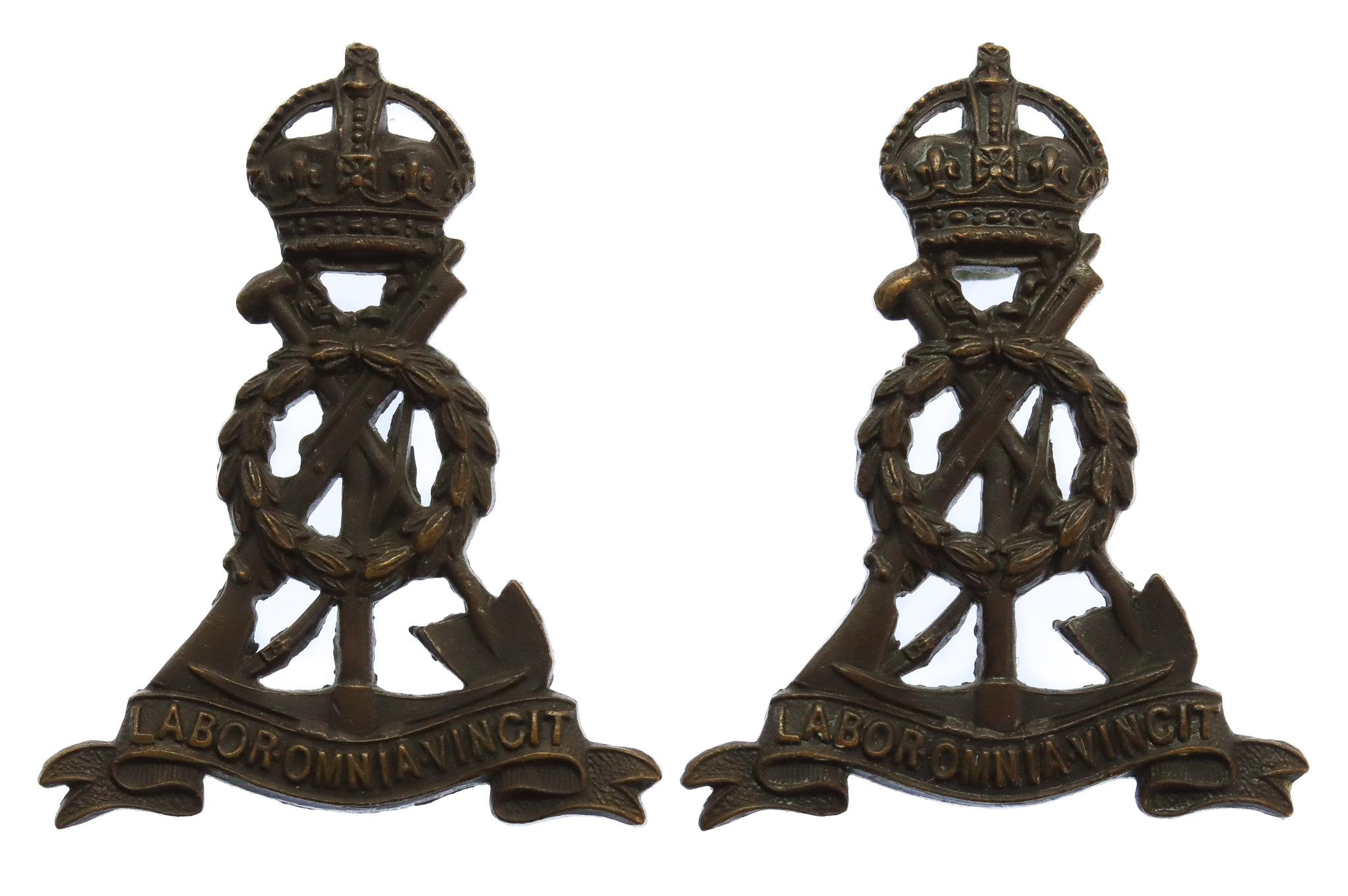 Pair of Pioneer Corps Officer's Service Dress Collar Badges - King's Crown