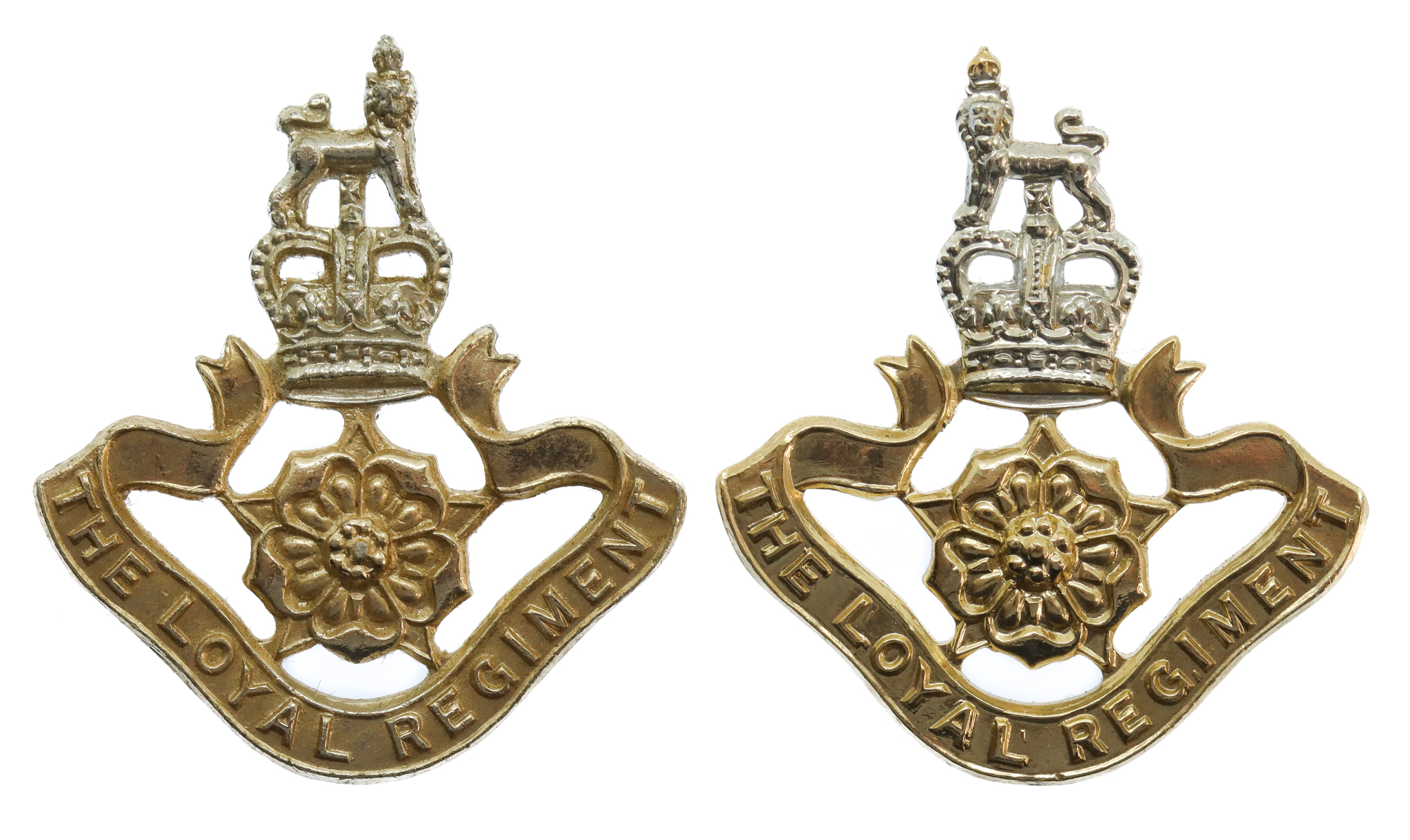 Pair of Loyal Regiment Anodised (Staybrite) Collar Badges