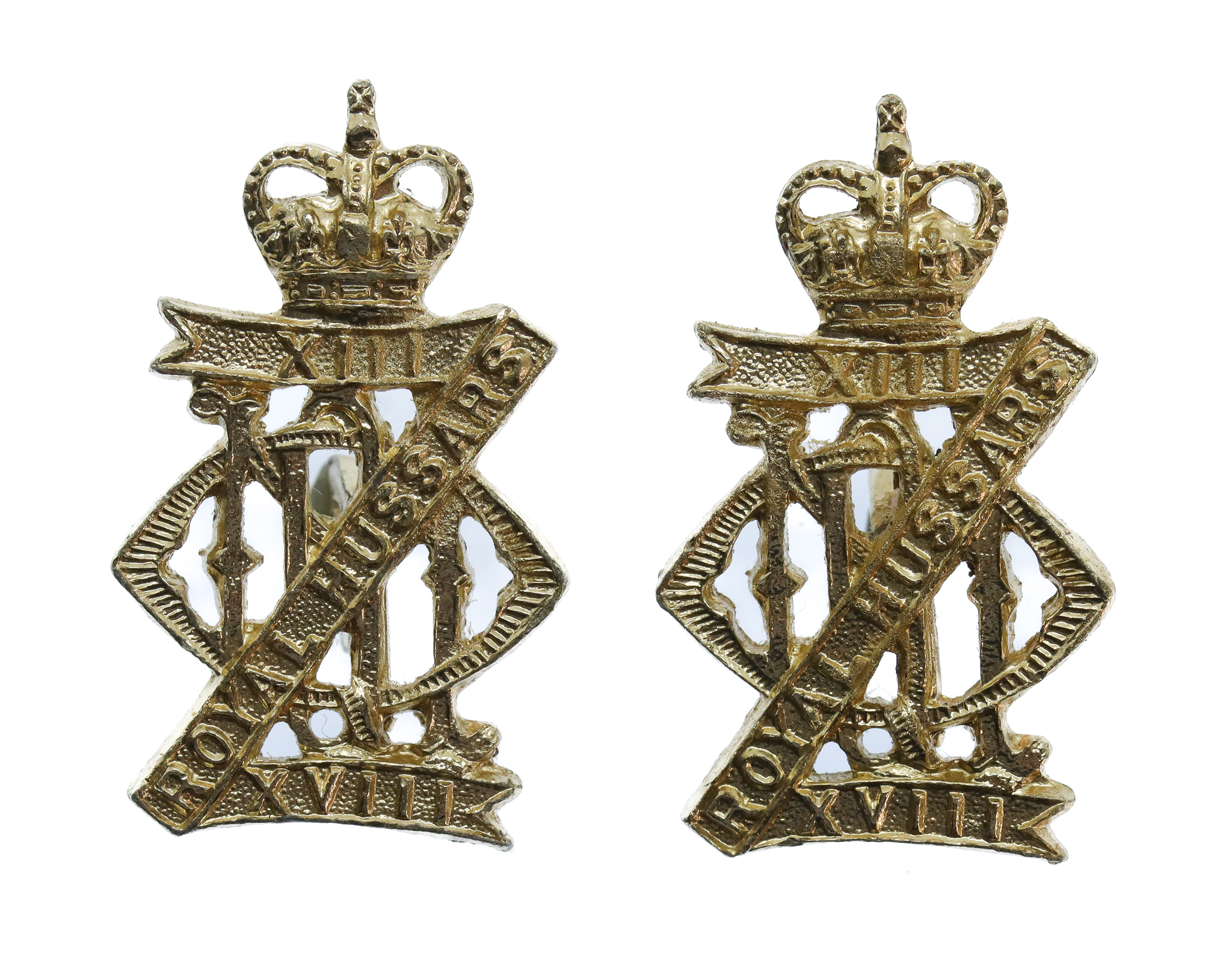 Pair of 13th/18th Hussars Anodised (Staybrite) Collar Badges