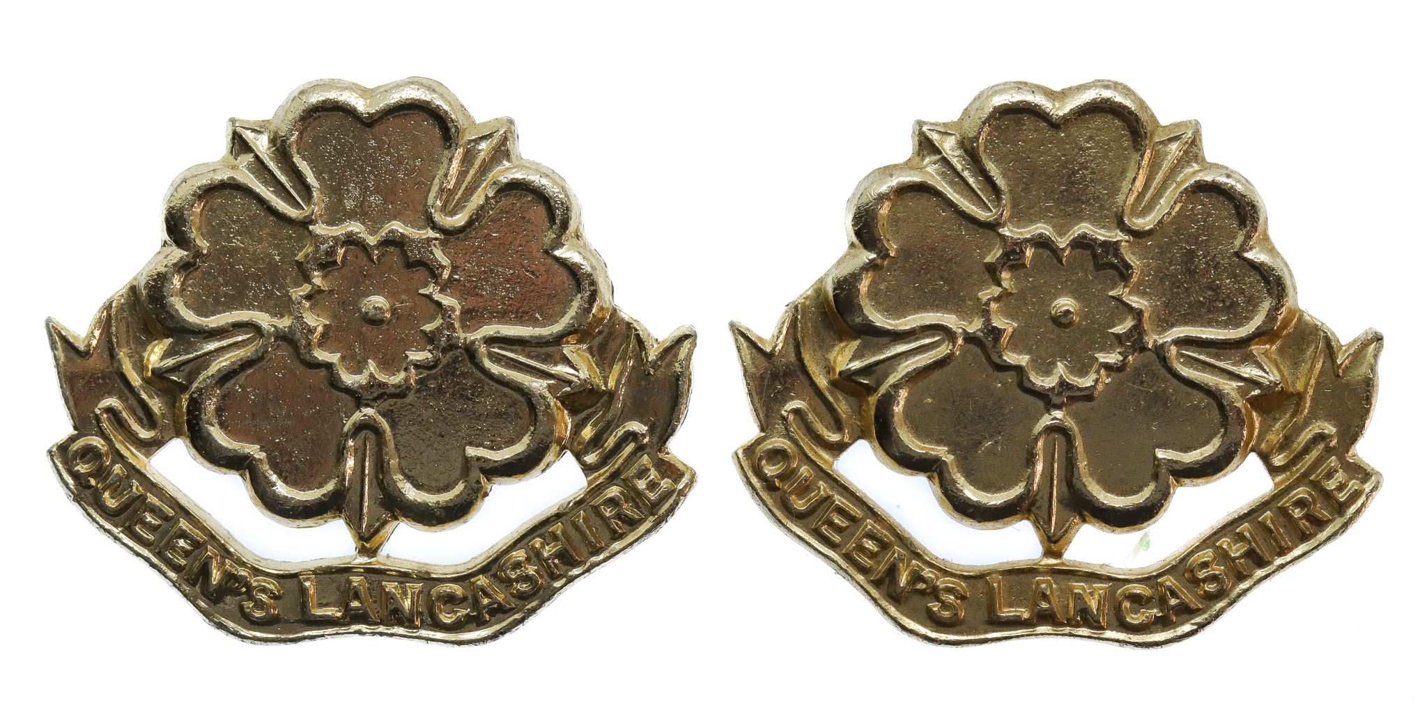 Pair of Queen's Lancashire Regiment Anodised (Staybrite) Collar Badges
