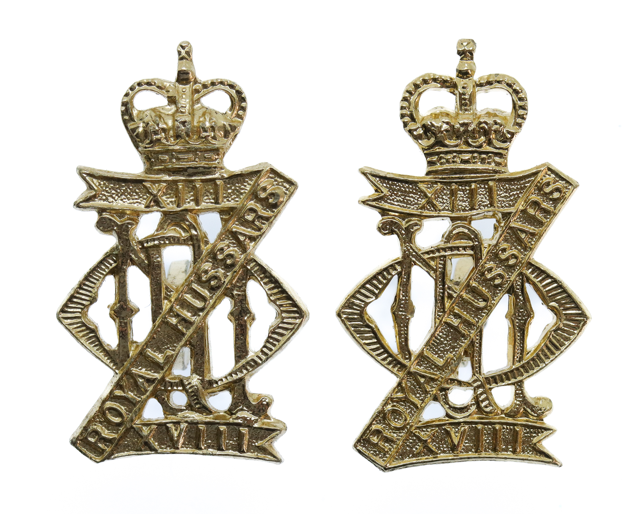 Pair of 13th/18th Hussars Anodised (Staybrite) Collar Badges
