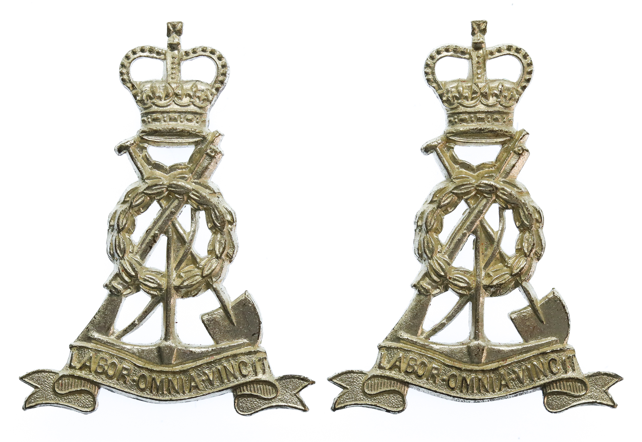 Pair of Pioneer Corps Officer's Silvered Collar Badges - Queen's Crown
