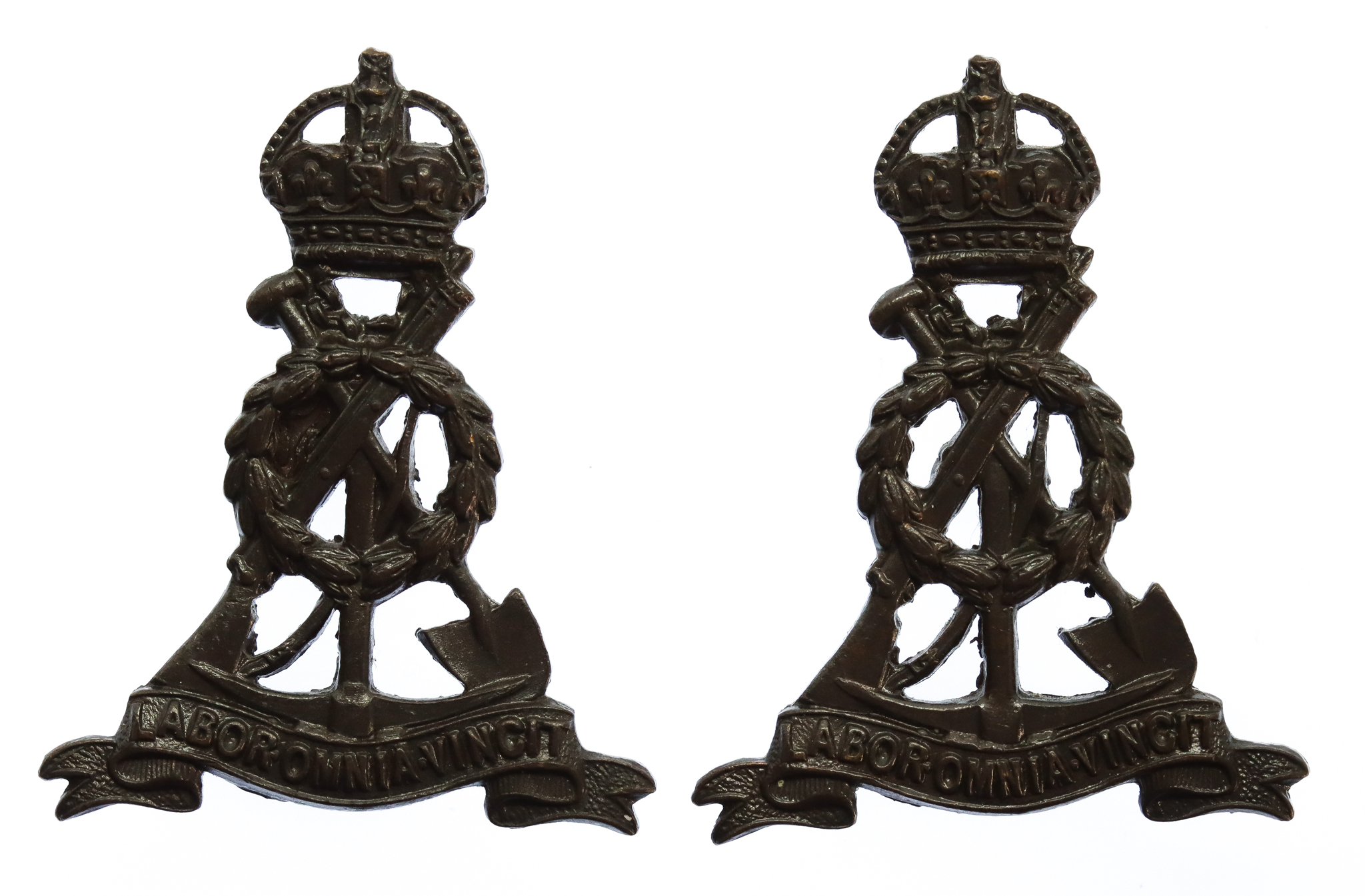 Pair of Pioneer Corps Officer's Service Dress Collar Badges - King's Crown
