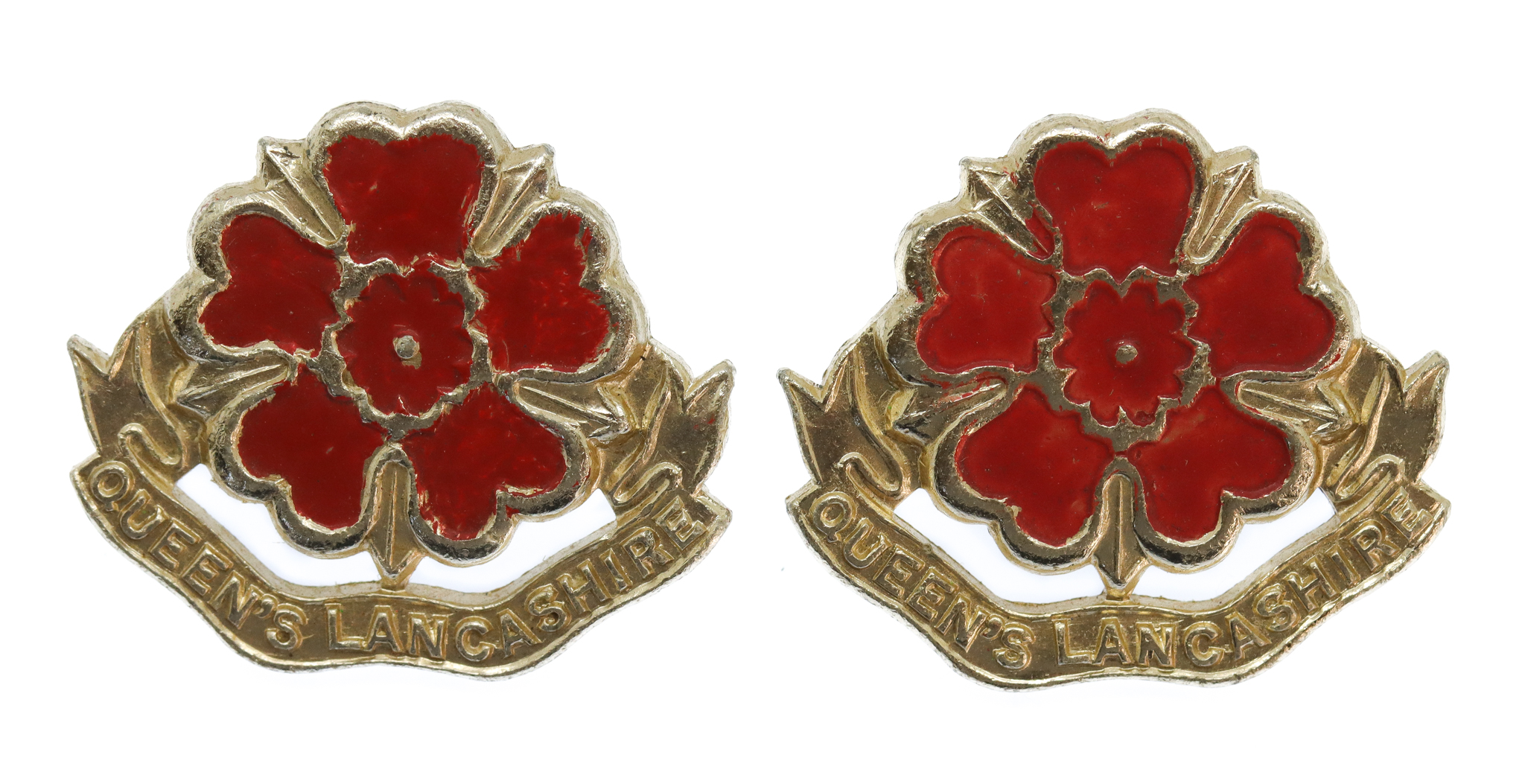 Pair of Queen's Lancashire Regiment Anodised (Staybrite) Collar Badges 