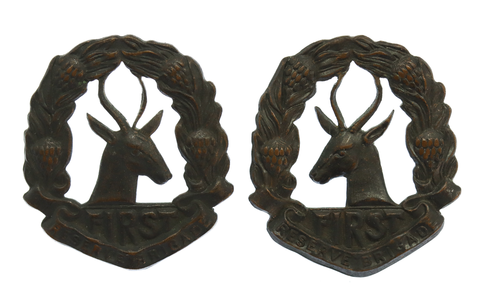 Pair of South African First Reserve Brigade Collar Badges