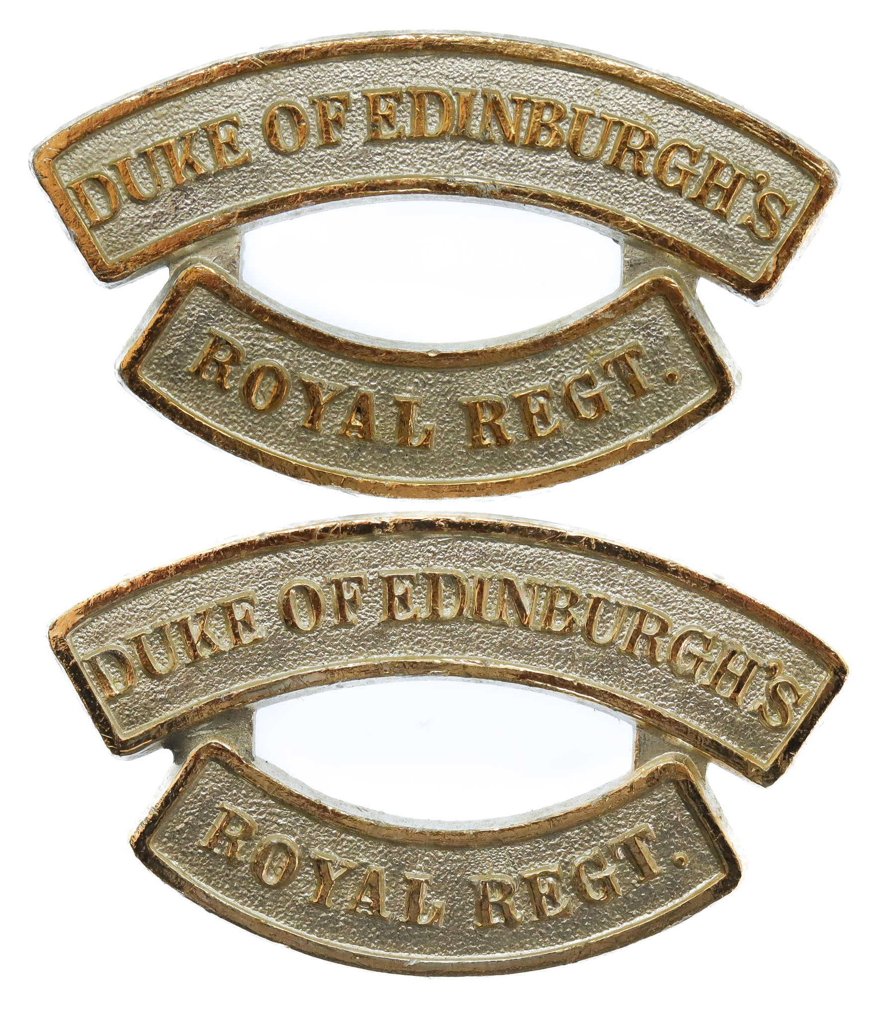 Pair of Duke of Edinburgh's Royal Regiment (DUKE OF EDINBURGH'S/ROYAL REGT.) Anodised (Staybrite) Shoulder Titles