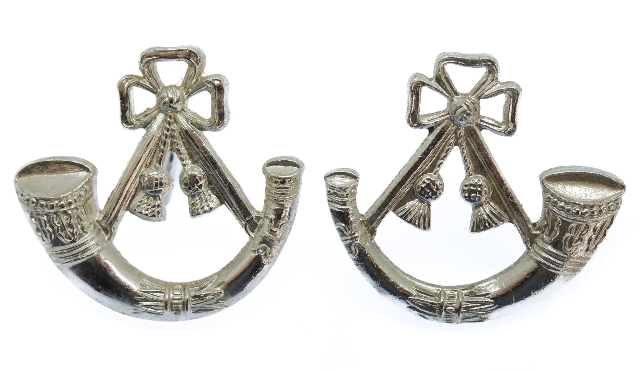 Pair of Light Infantry Anodised (Staybrite) Collar Badges