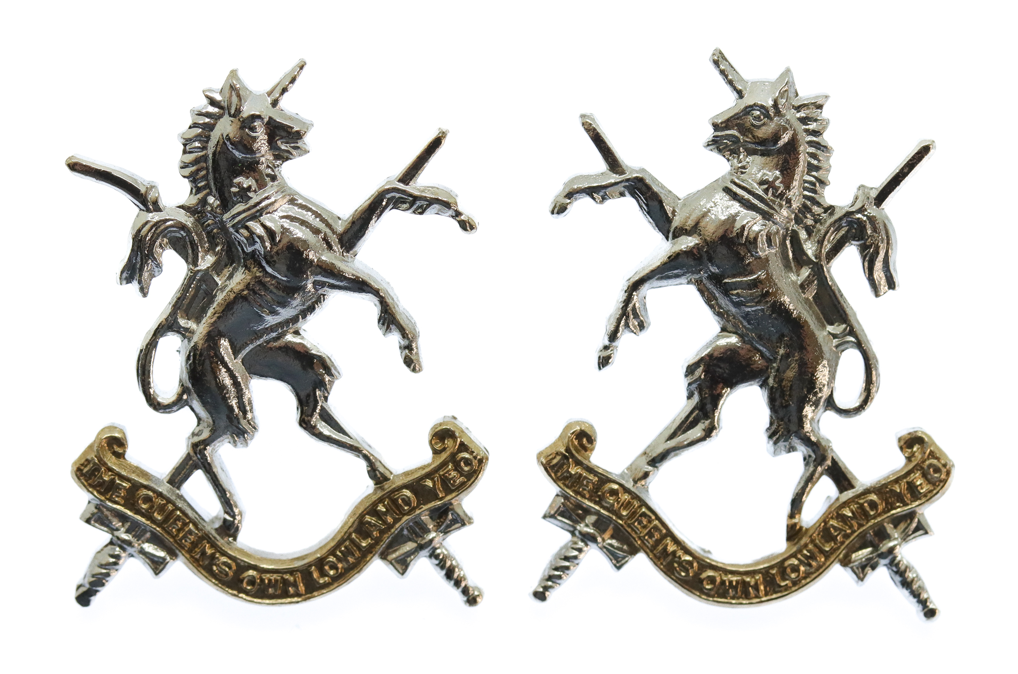 Pair of Queen's Own Lowland Yeomanry Anodised (Staybrite) Collar Badges