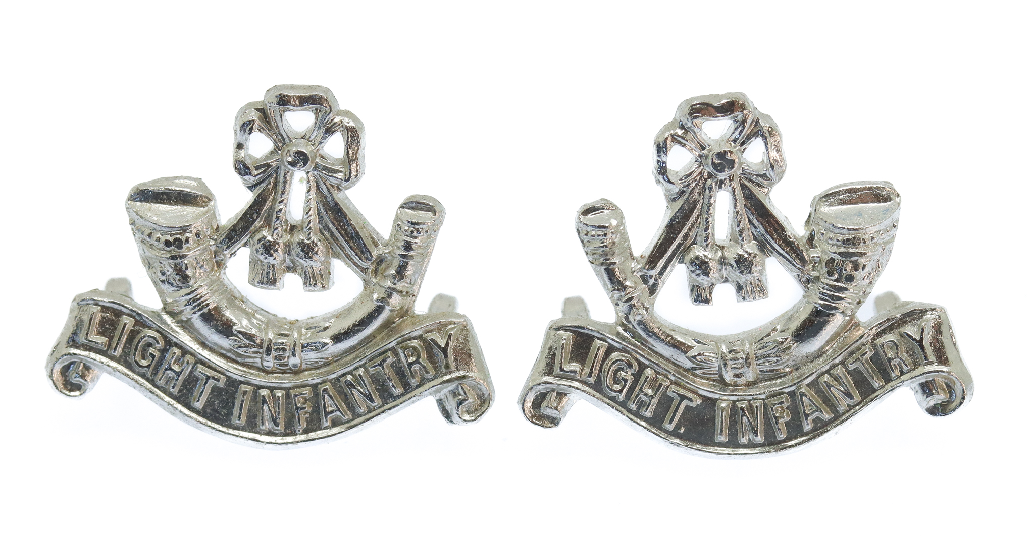 Pair of Light Infantry Anodised (Staybrite) Collar Badges