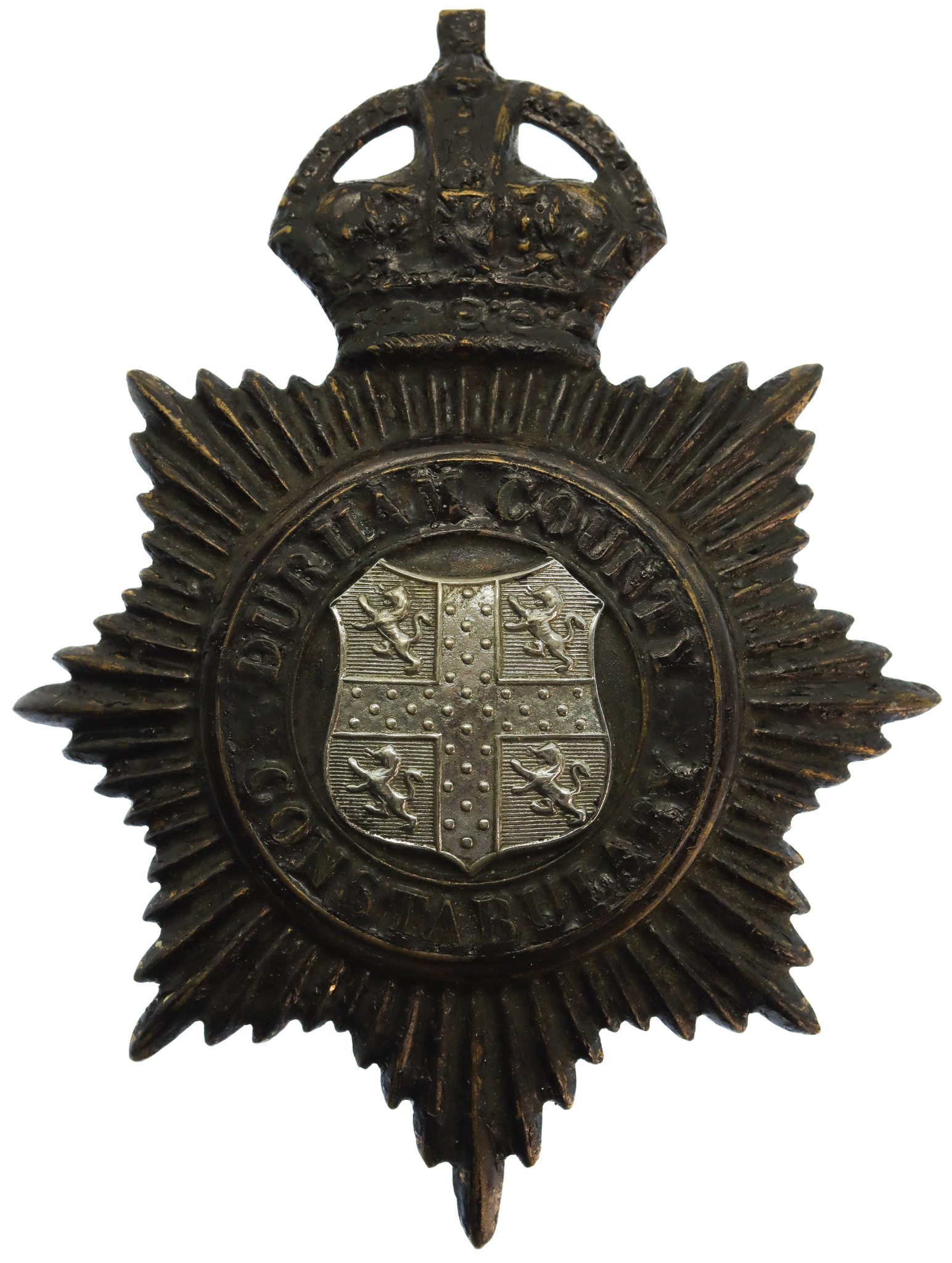 Durham County Constabulary Black Helmet Plate - King's Crown