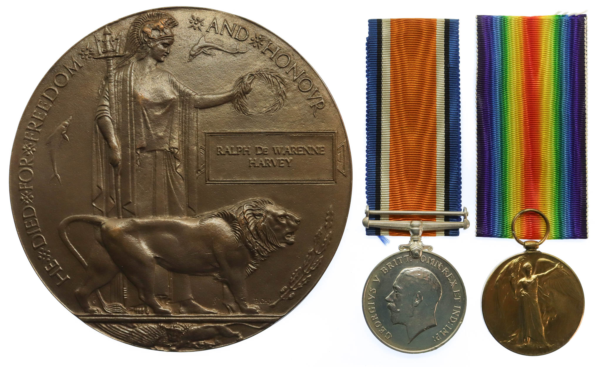 WW1 British War Medal, Victory Medal and Memorial Plaque - 2nd Lieutenant Ralph de Warenne Harvey, 3rd Bn. Dorsetshire Regiment (attd. 1st K.R.R.C.) - Died of Wounds, 7/6/16