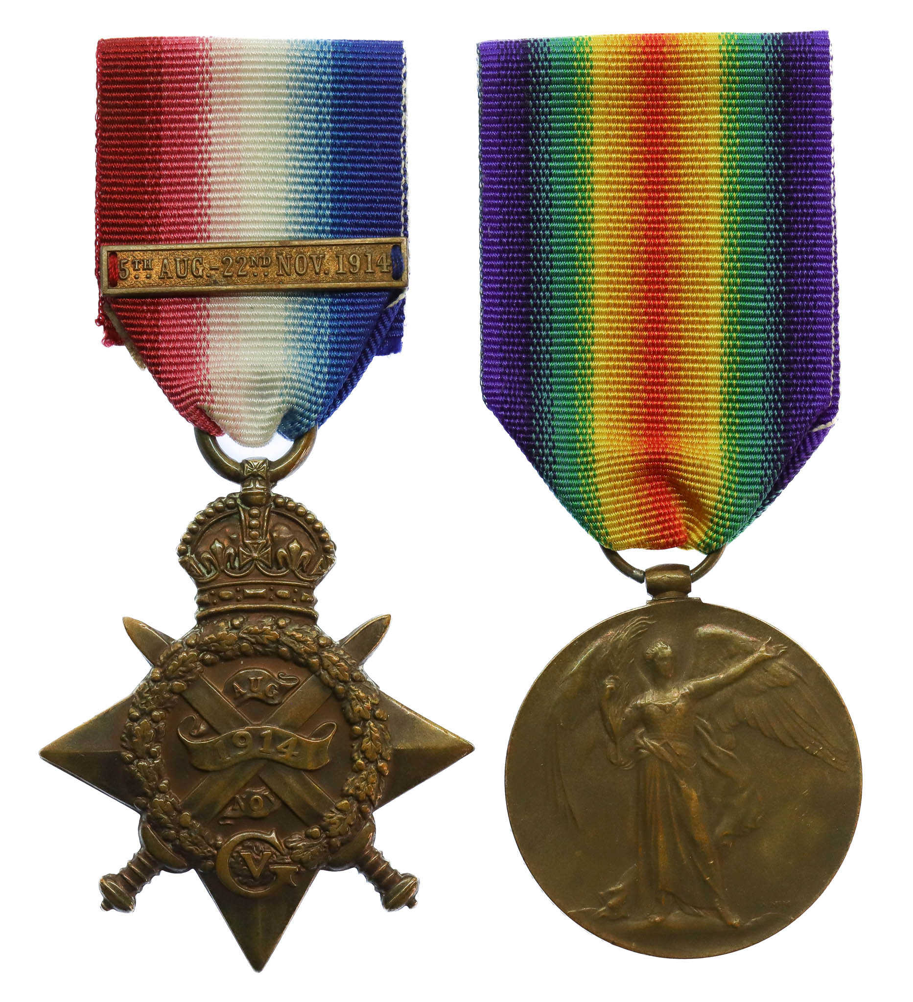 WW1 1914 Mons Star with Original Bar and Victory Medal - Pte. J. Banner, 4th Bn. Middlesex Regiment - K.I.A. 14/10/14