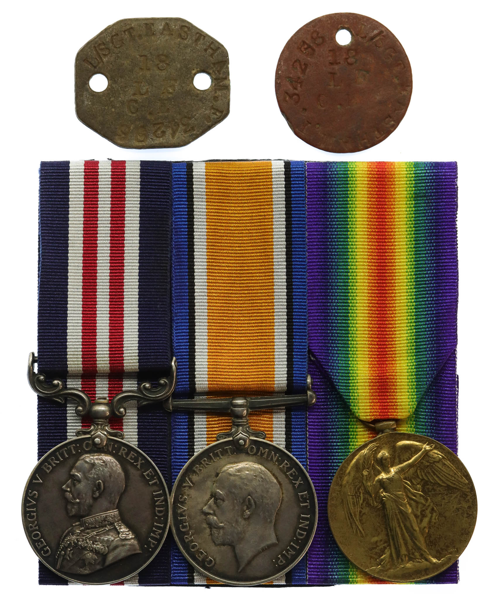 WW1 Military Medal, British War & Victory Medal Group of Three with Dog Tags - Sjt. F. Eastham, 18th Bn. Lancashire Fusiliers - Died of Wounds, 17/4/18