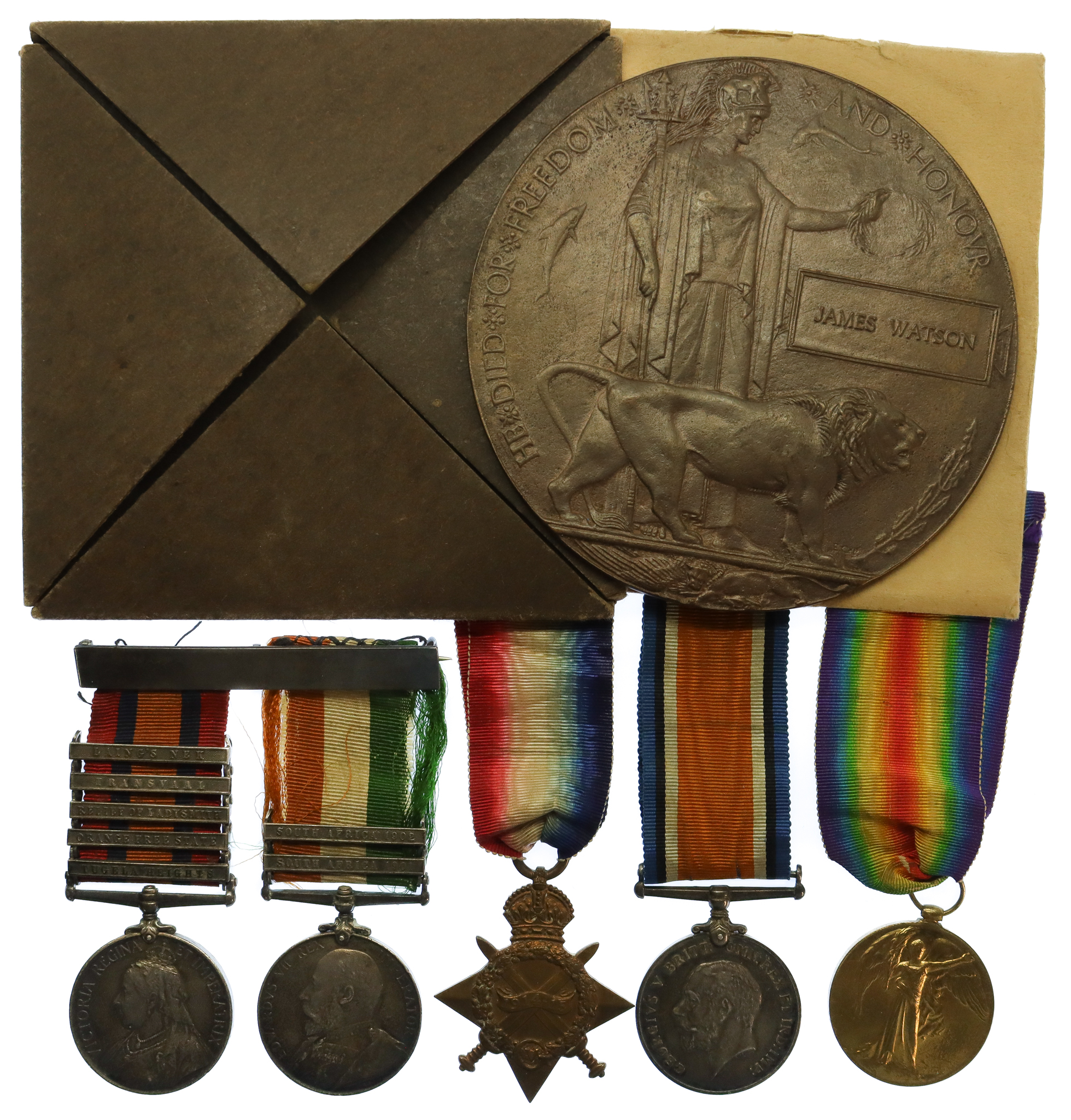 Boer War and First World War 1st Day of the Somme Casualty Medal Group  - Sgt. J. Watson, 7th Bn. Bedfordshire Regiment (formerly, Devonshire Regt) - K.I.A. 1/7/16