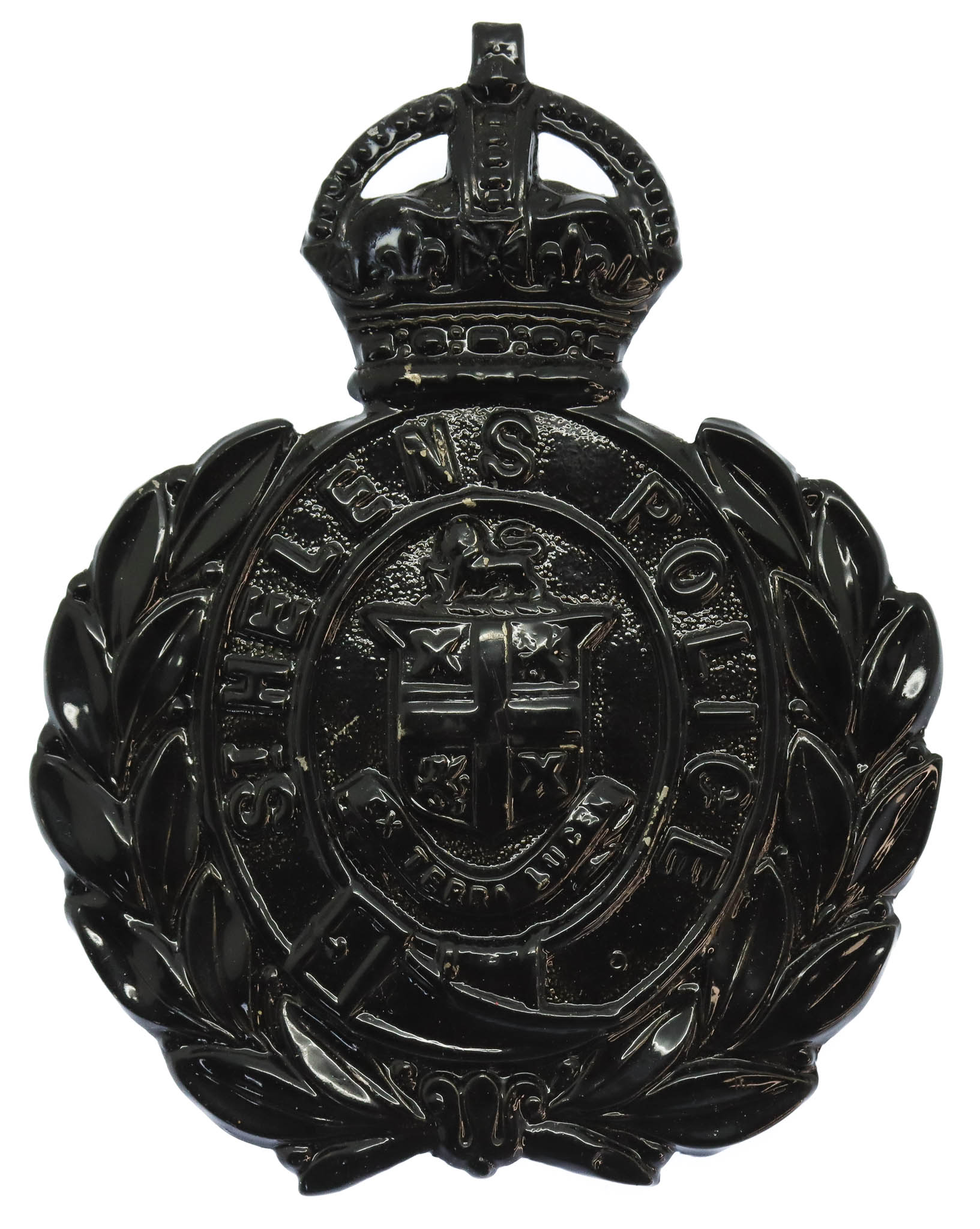 St. Helens Borough Police Blackened Metal Wreath Helmet Plate - King's Crown