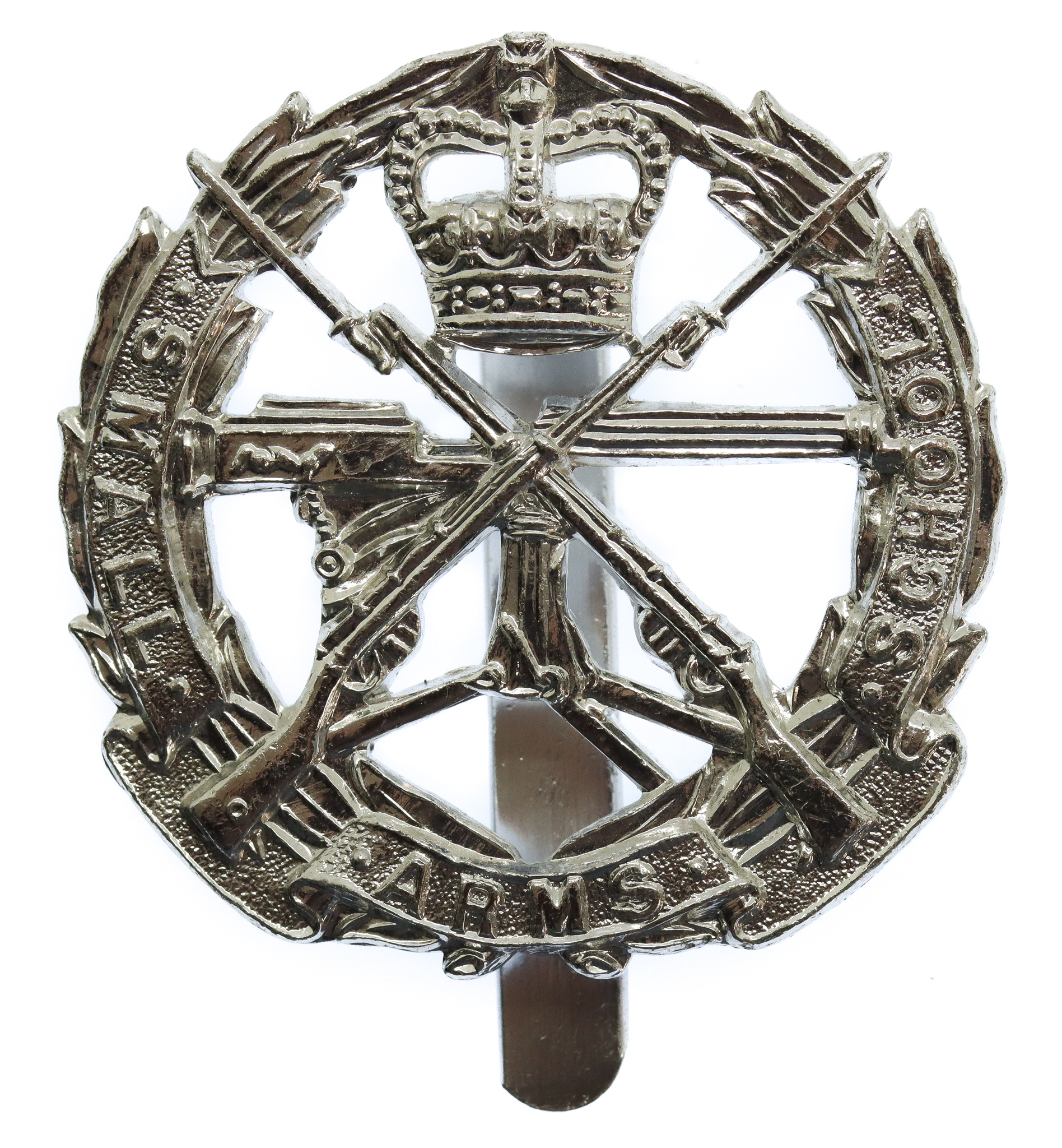 Small Arms School Corps Anodised (Staybrite) Cap Badge