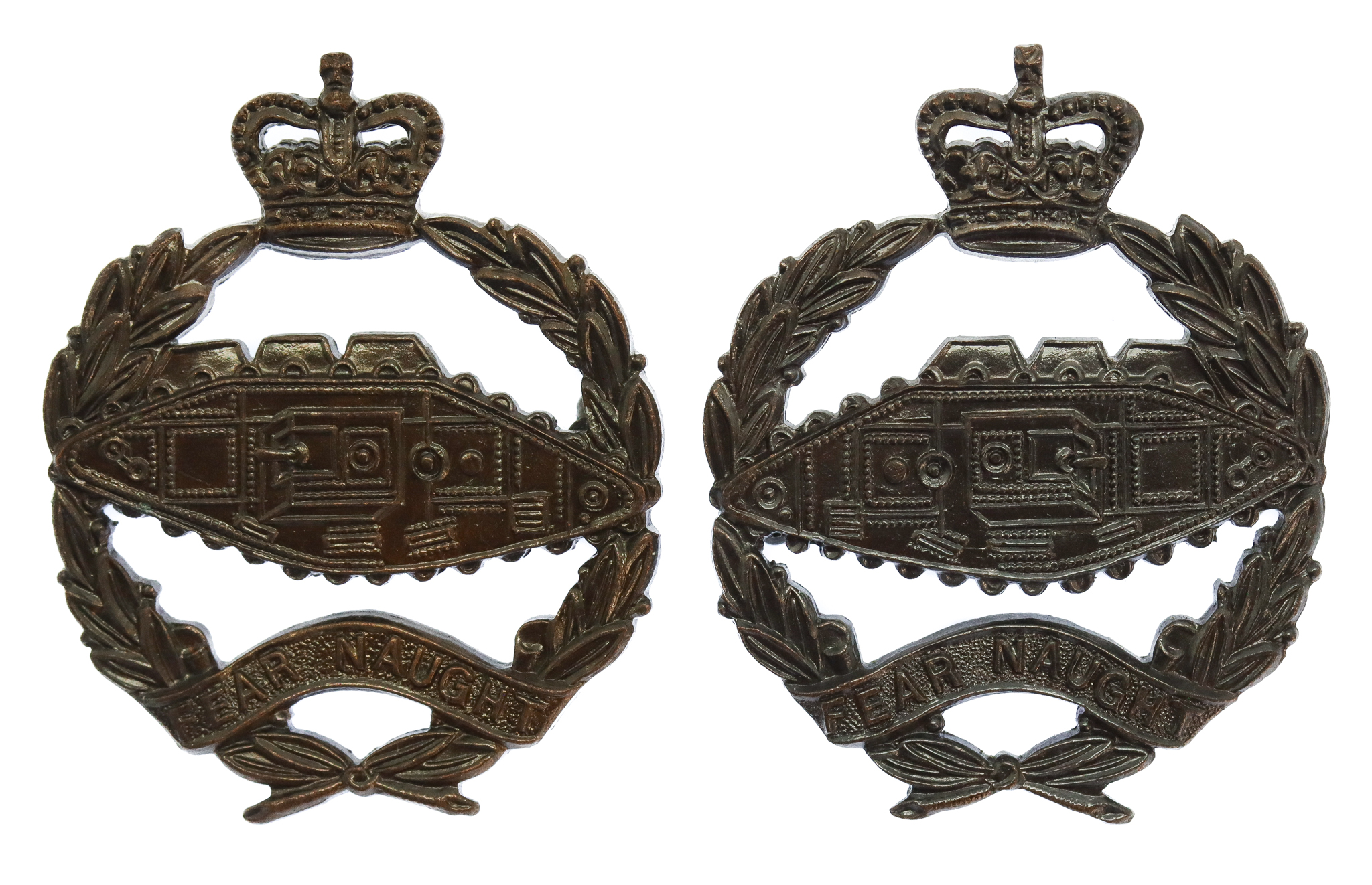 Pair of Royal Tank Regiment Officer's Service Dress Collar Badges - Queen's Crown