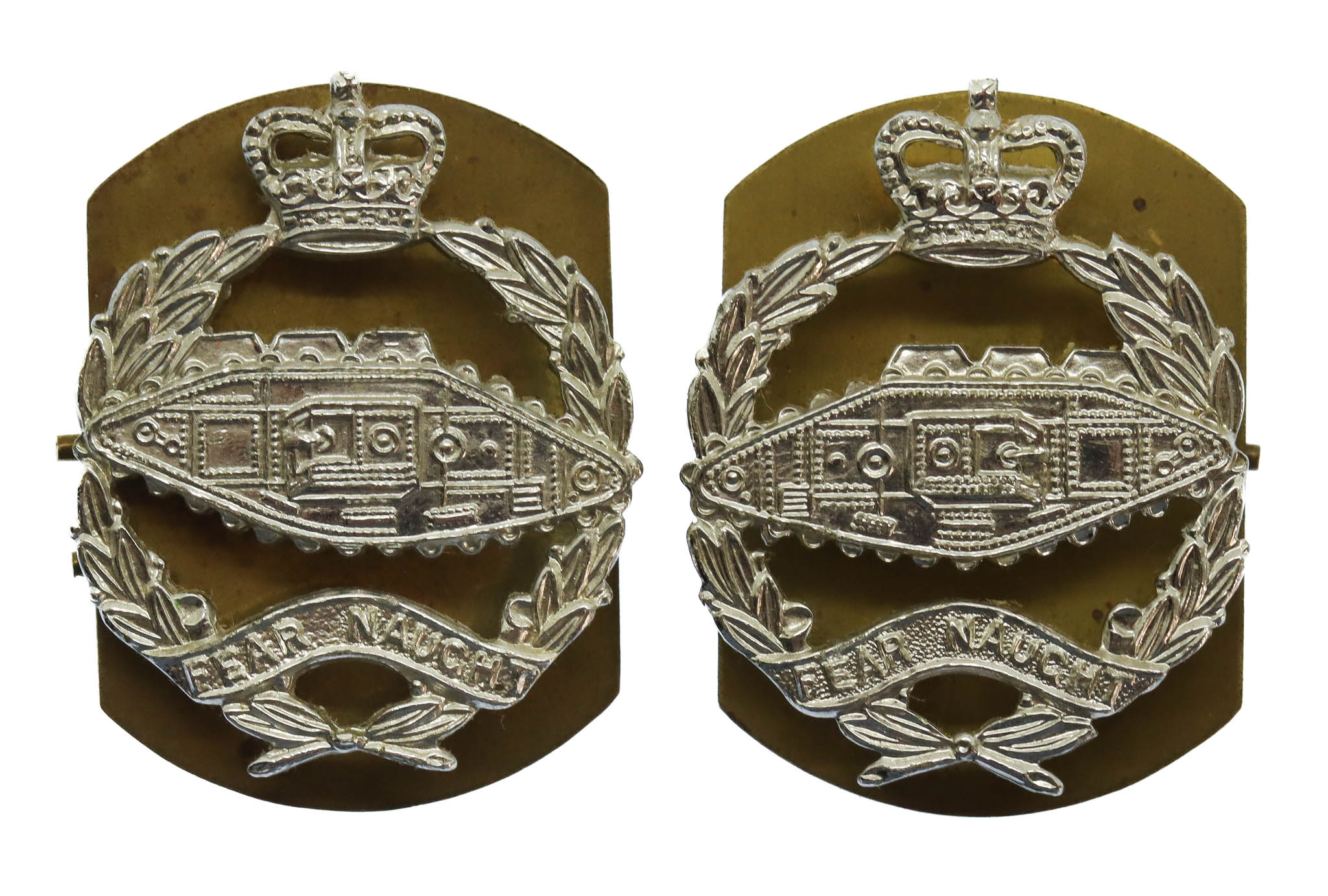 Pair of Royal Tank Regiment Anodised (Staybrite) Collar Badges 