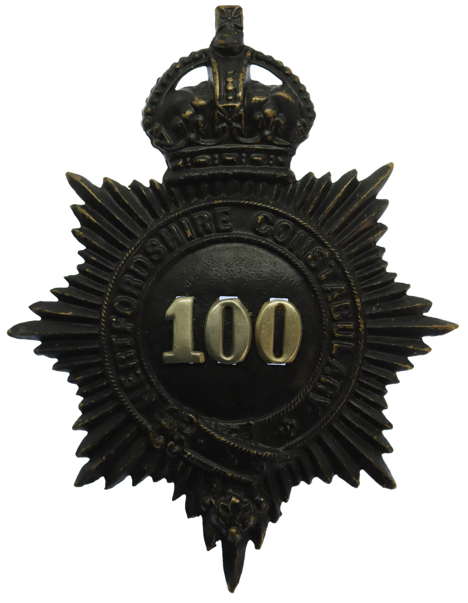 Hertfordshire Constabulary Numbered Helmet Plate - King's Crown