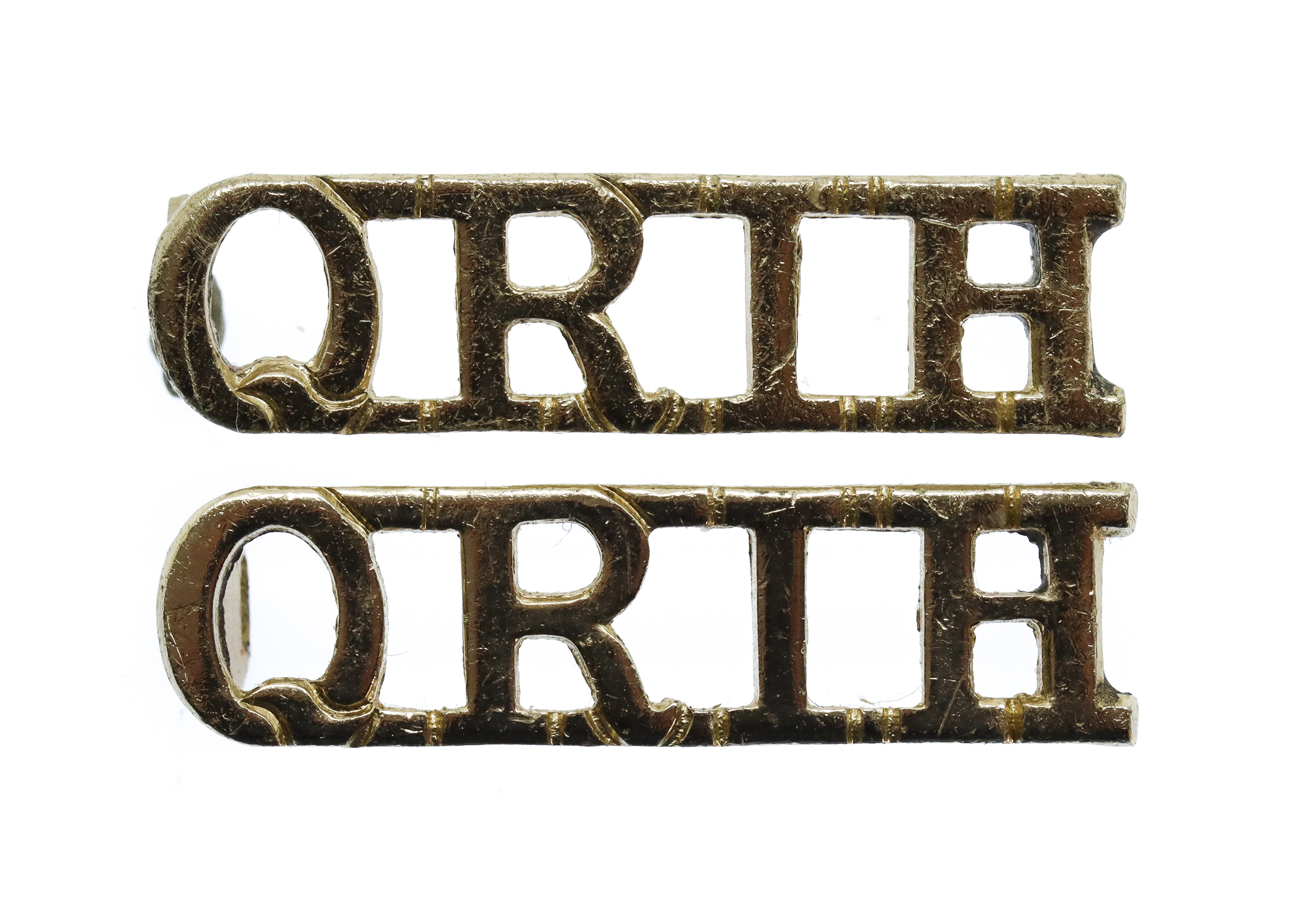 Pair of Queen's Royal Irish Hussars (Q.R.I.H.) Anodised (Staybrite) Shoulder Titles