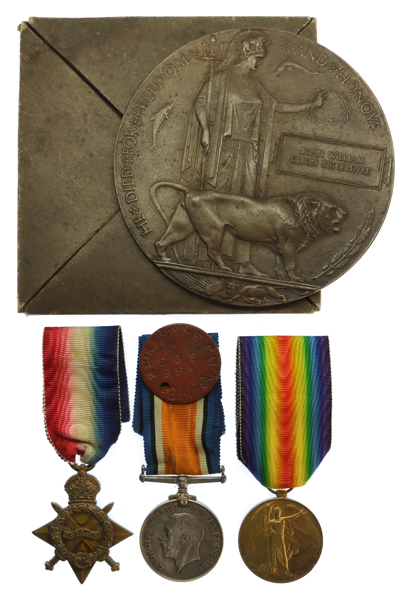 WW1 1914-15 Star, British War Medal, Victory Medal and Memorial Plaque - Cpl.  J.W.D. Bickerdyke, Royal Field Artillery - K.I.A. 29/7/17