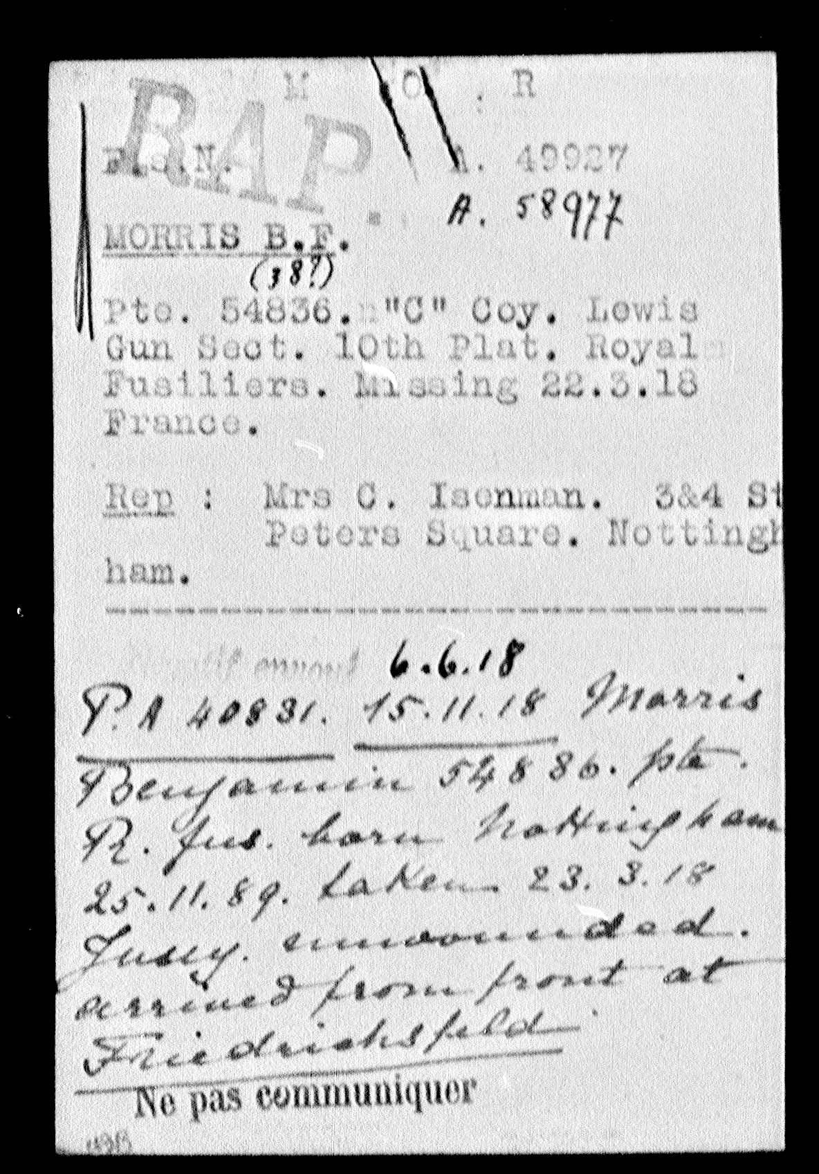 WW1 Prisoner of War 1914-15 Star Medal Trio - Pte. B.F. Morris, Royal Fusiliers - Died 20/11/18