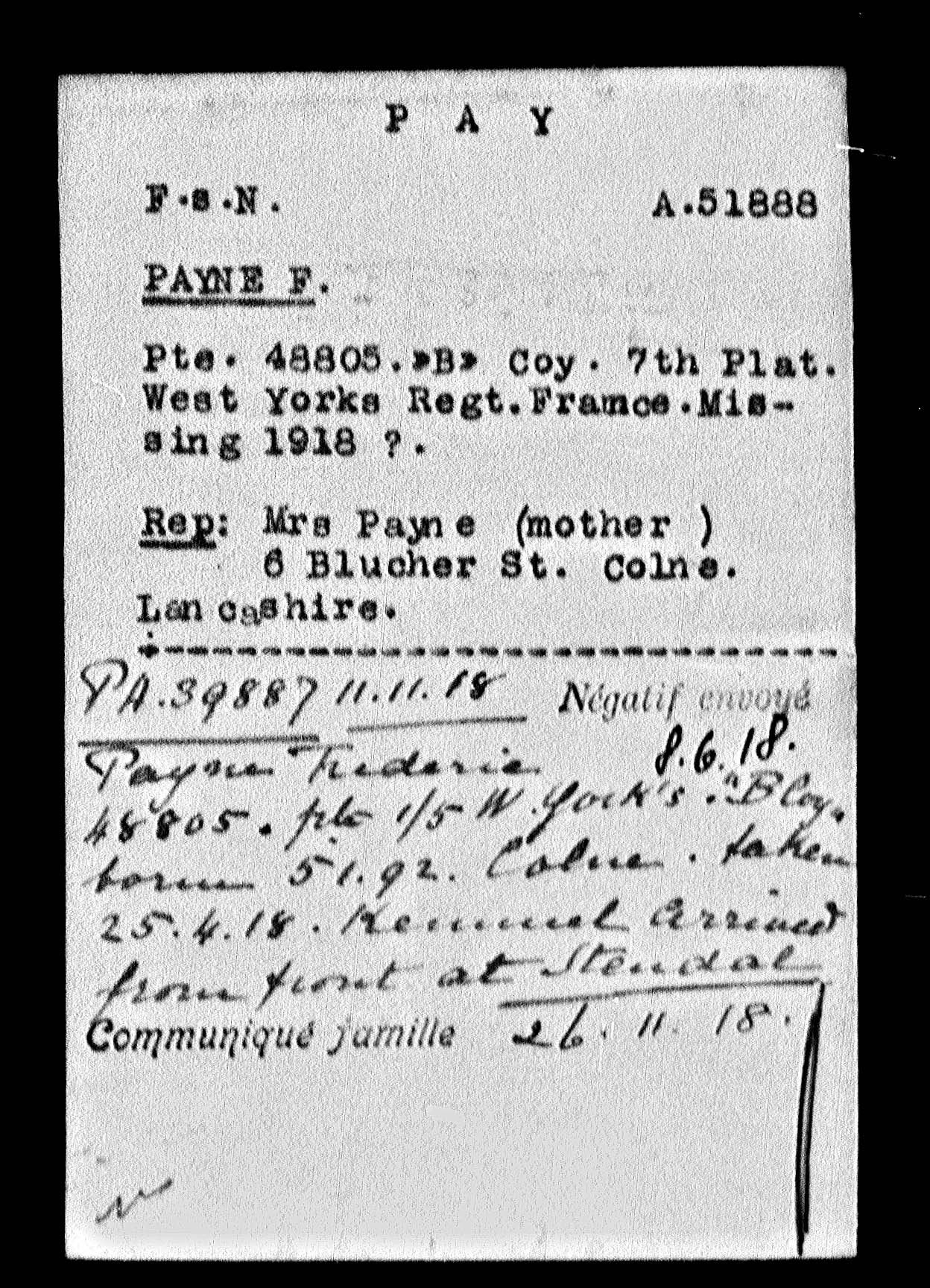 WW1 Prisoner of War British War & Victory Medal Pair - Pte. F. Payne, West Yorkshire Regiment