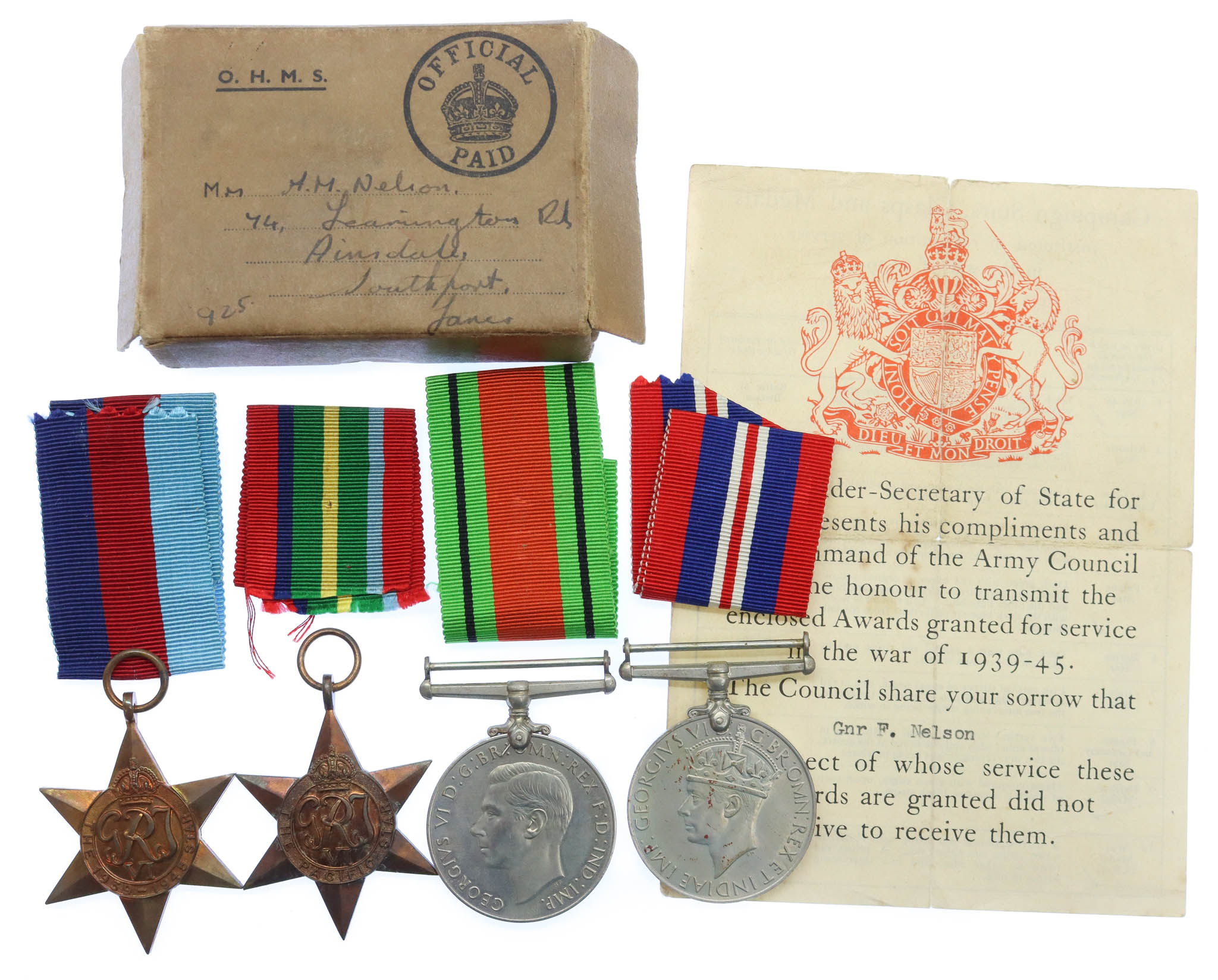 WW2 Japanese Prisoner of War Casualty Medal Group of Four - Gnr. F. Nelson, 9th Coast Regt, Royal Artillery