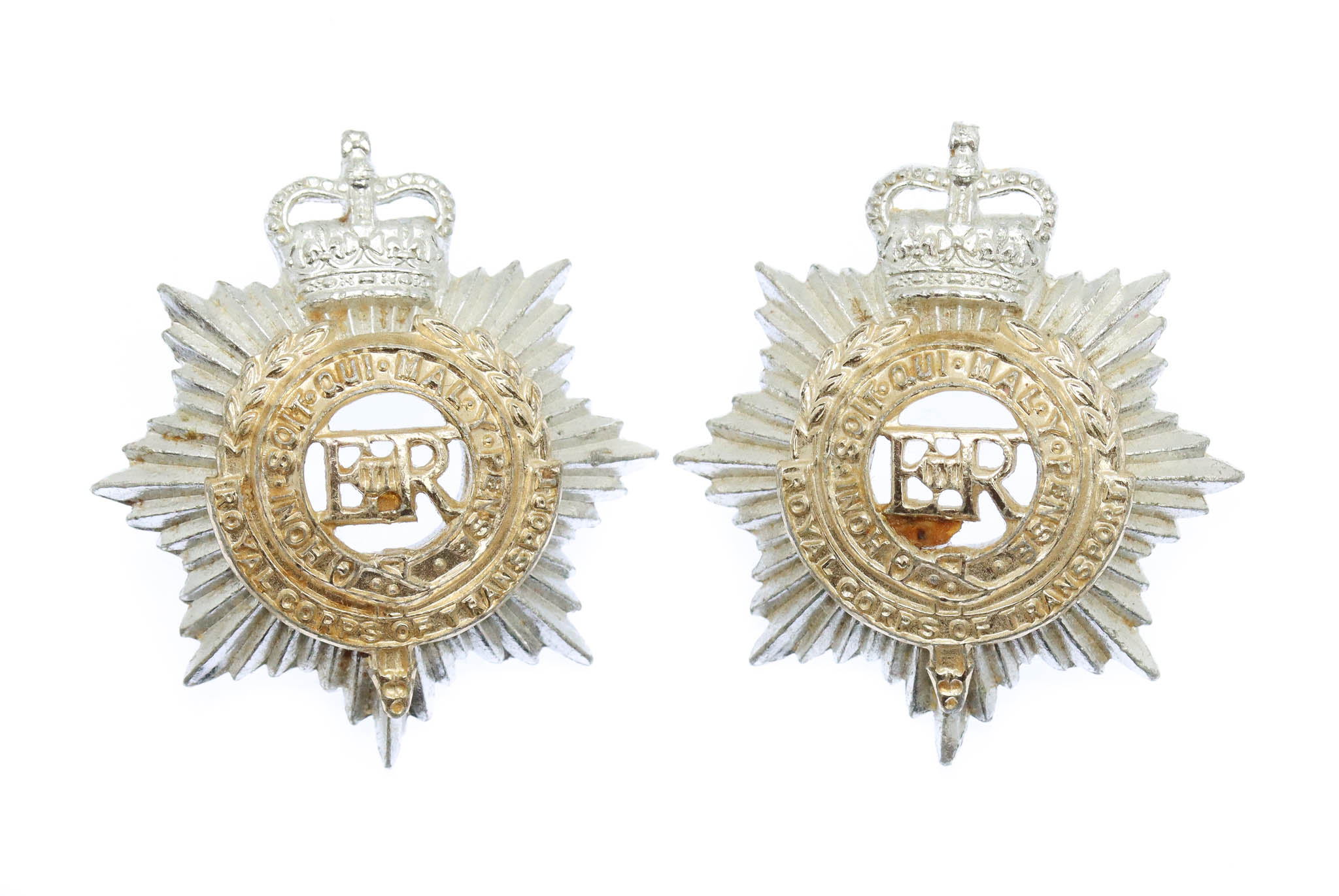Pair of Royal Corps of Transport (R.C.T.) Anodised (Staybrite) Collar Badges