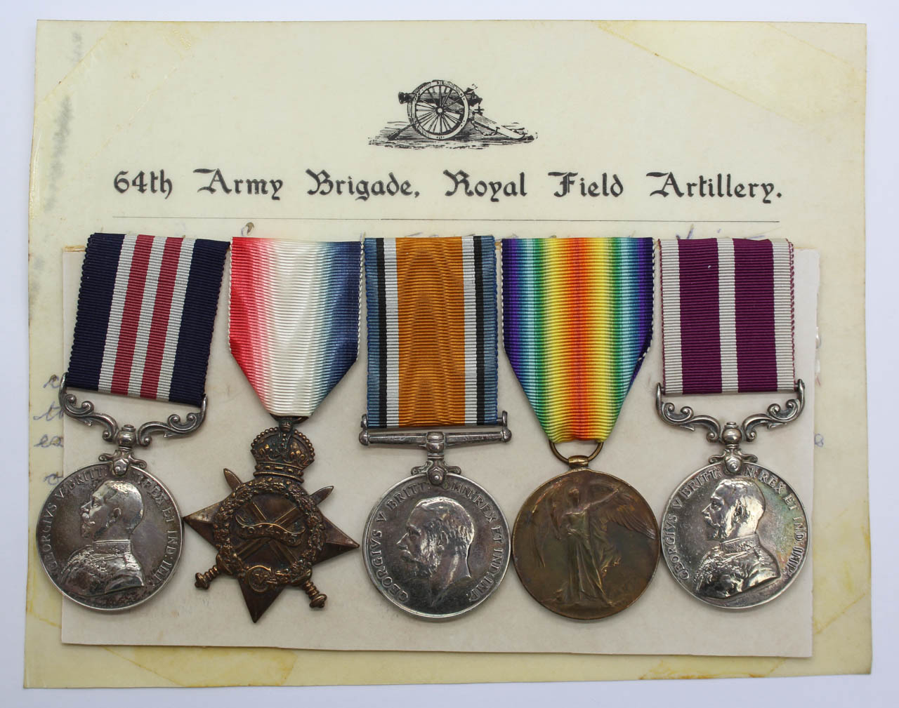 WW1 Military Medal, 1914-15 Star Trio and Meritorious Service Medal (Gallantry) Group of Five - Sgt. E.S. Voice, 64th Army Bde. Royal Field Artillery - Wounded