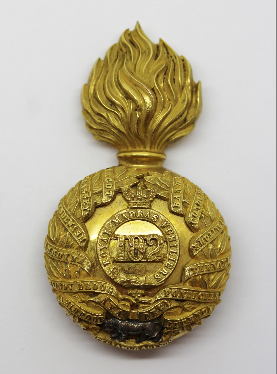 Victorian 102nd Royal Madras Fusiliers Officer's Silver & Gilt Fur Cap Grenade