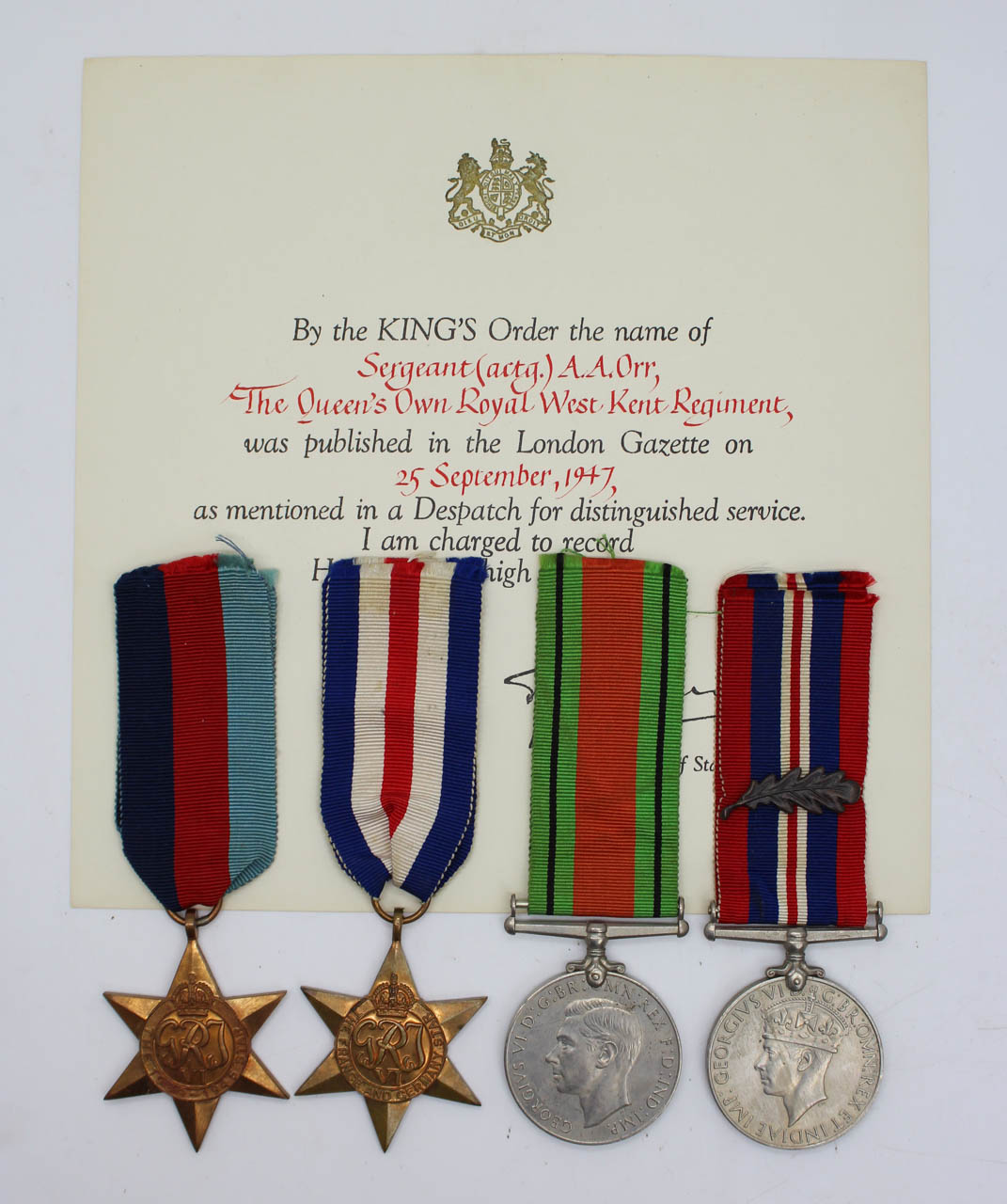 Rare WW2 Operation Aquatint Medal Group of Four with MID Certificate - Sergeant Abraham Opoczynski, Auxiliary Military Pioneer Corps (alias Sergeant Adam Orr, Royal West Kent Regiment) - Captured in a Small Scale Raiding Force Operation on the French Coast in September 1942 and Died in Germany in April 1945 (had he survived he would have been awarded the M.M.)