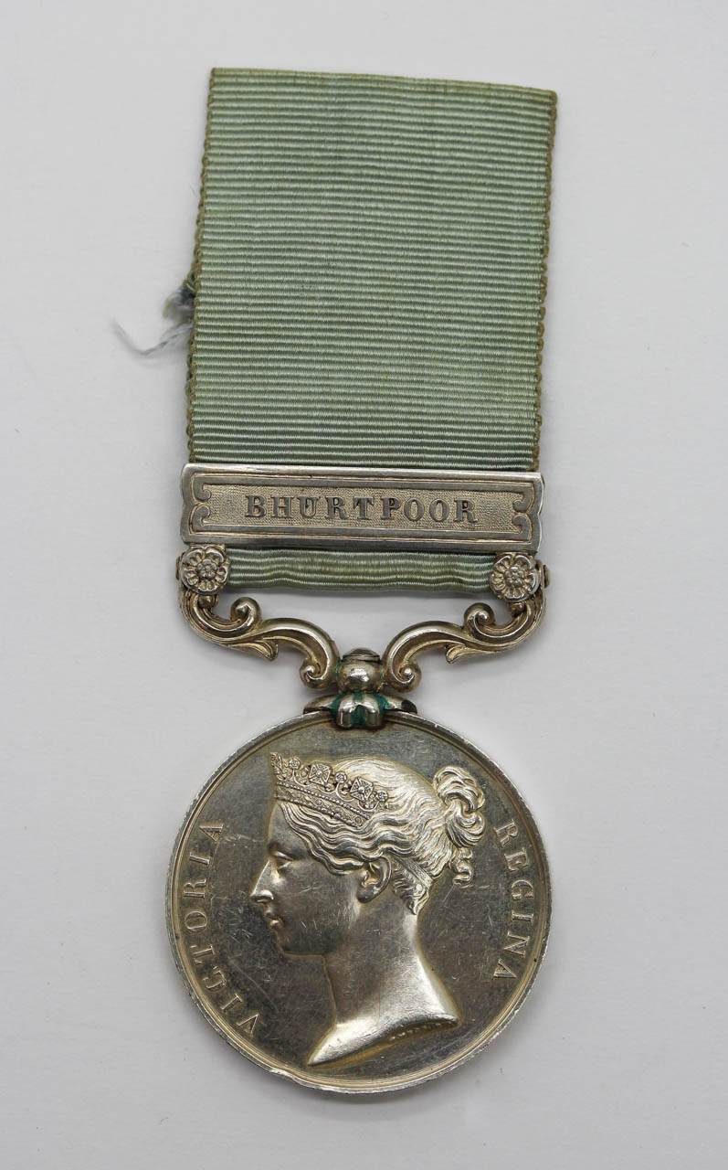 Army of India Medal (Clasp - Bhurtpoor) - Sgt. Major T. Coughlan, 6th Native Light Infantry