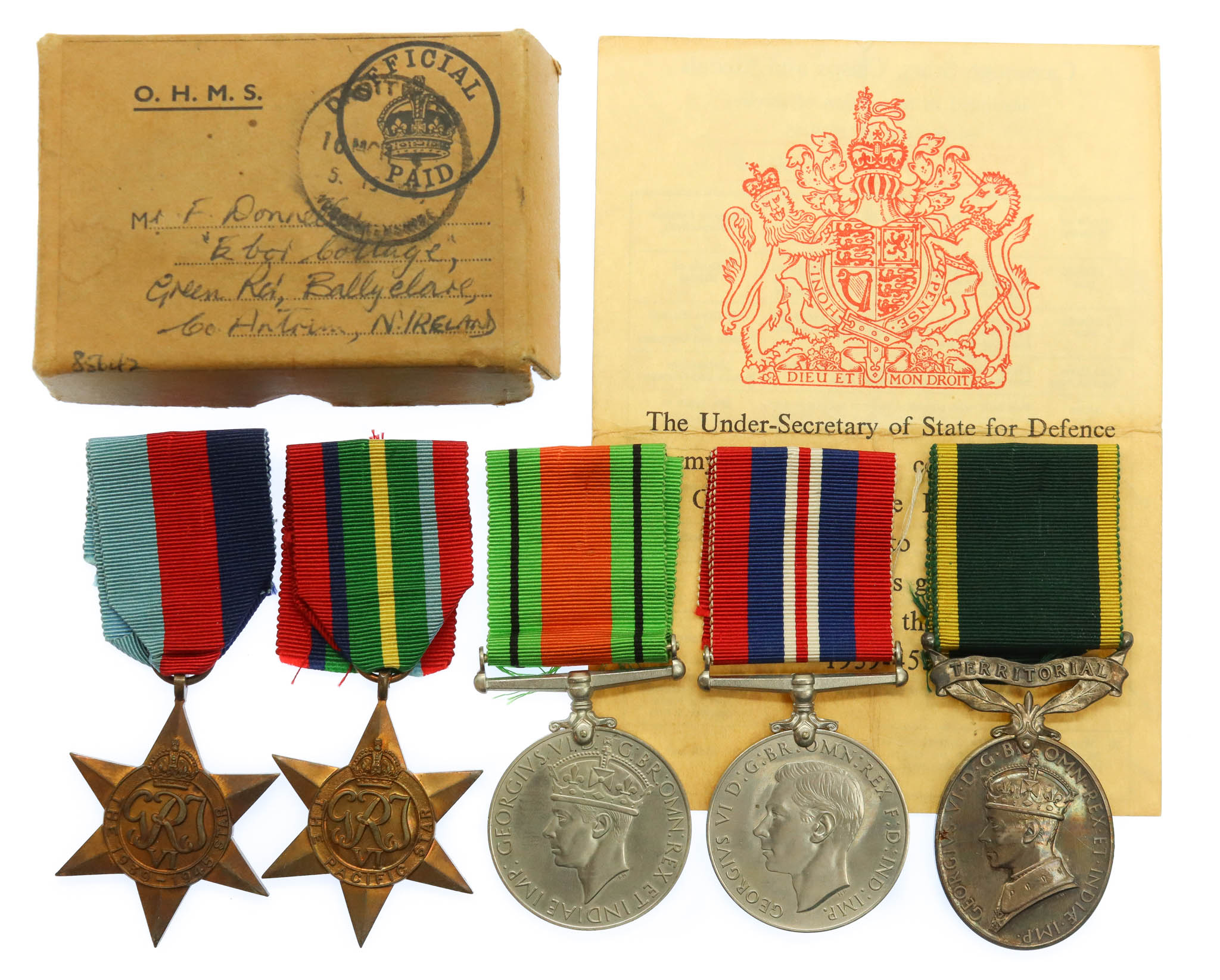 WW2 Japanese Prisoner of War Territorial Efficiency Medal Group of Five - Gnr. F. Donnelley, 122nd Field Regt, Royal Artillery