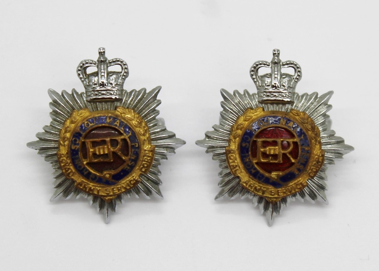 Pair of Royal Army Service Corps (R.A.S.C.) Officer's Collar Badges - Queen's Crown