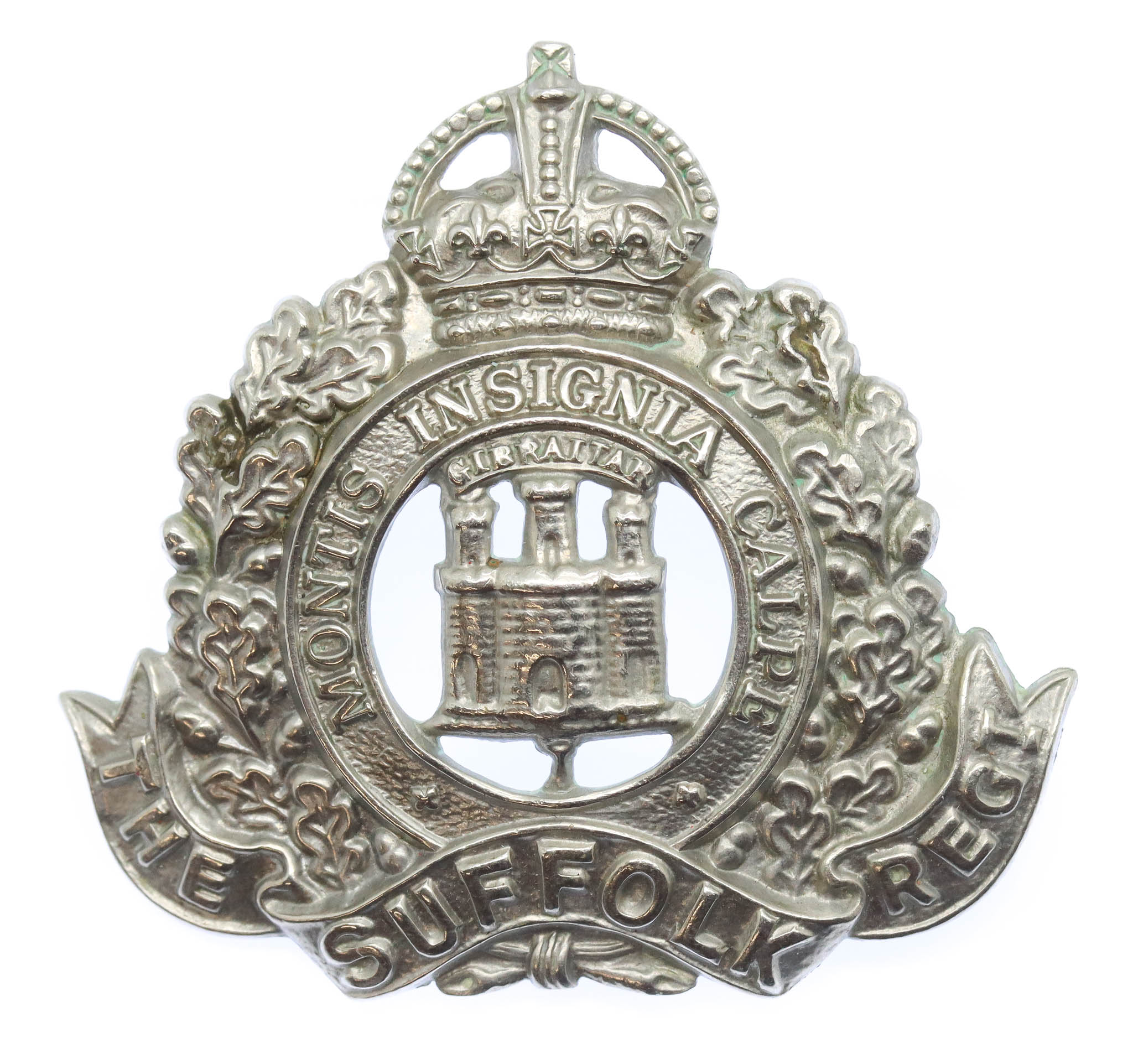 Suffolk Regiment Volunteers White Metal Cap Badge - King's Crown