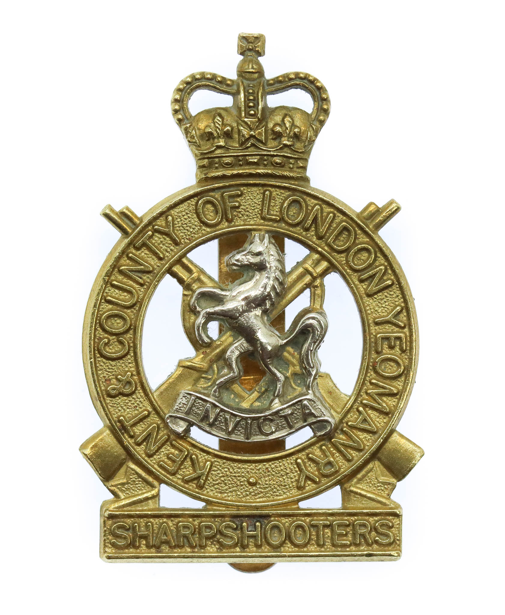 Kent & County of London Yeomanry (Sharpshooters) Bi-Metal Cap Badge - Queen's Crown