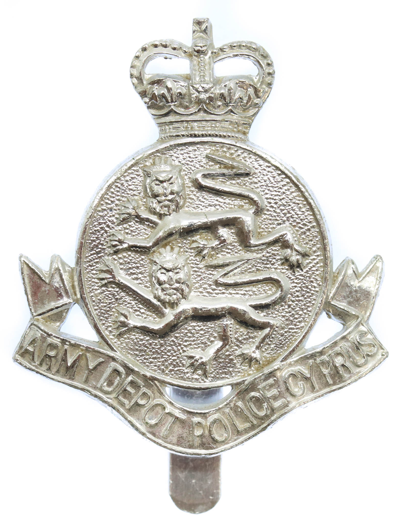 Army Depot Police Cyprus Anodised (Staybrite) Cap Badge - Queen's Crown