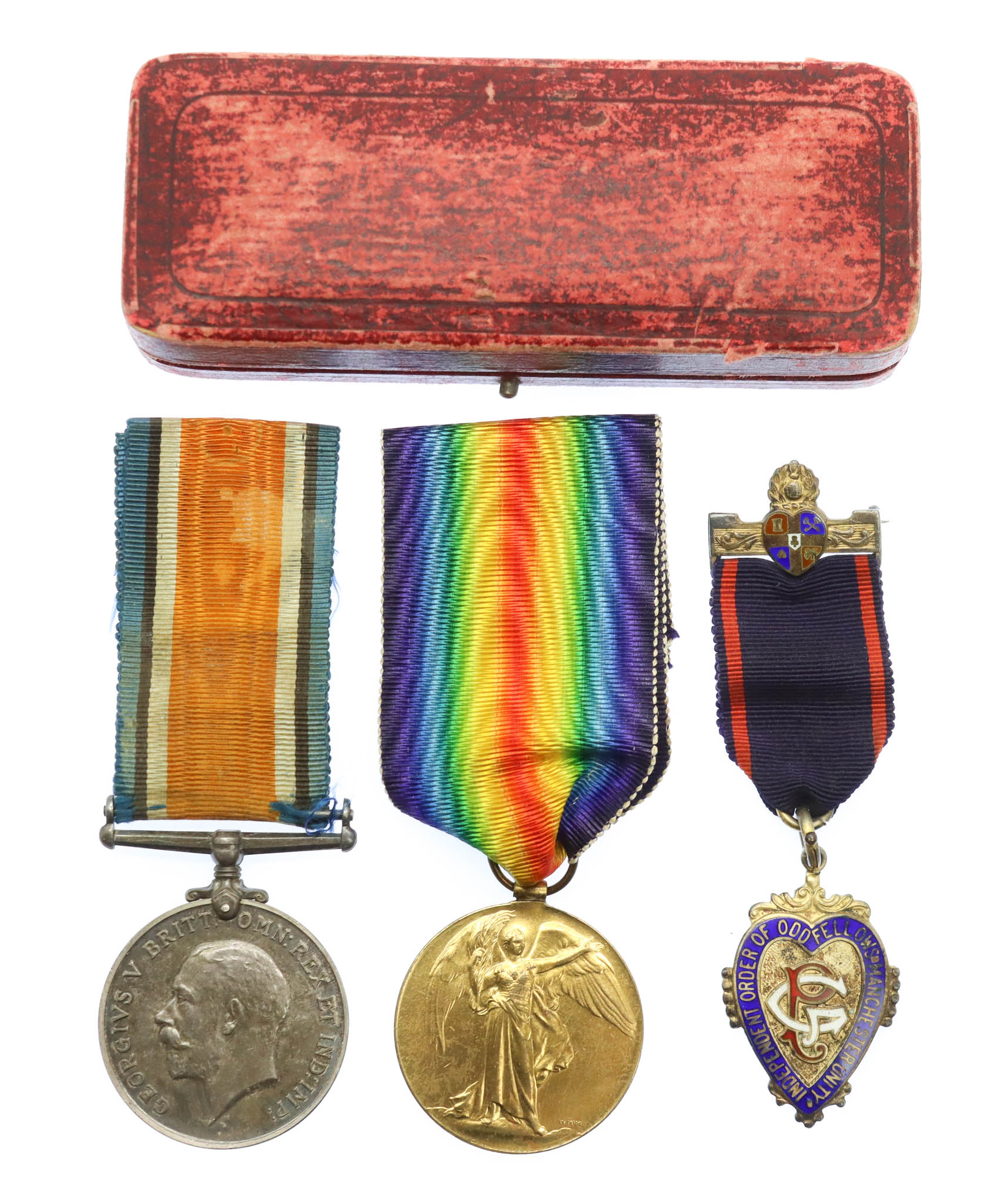 WW1 British War & Victory Medal Pair with Hallmarked Silver Order of Odd Fellows Medal - Pte. A. Adams, West Yorkshire Regiment