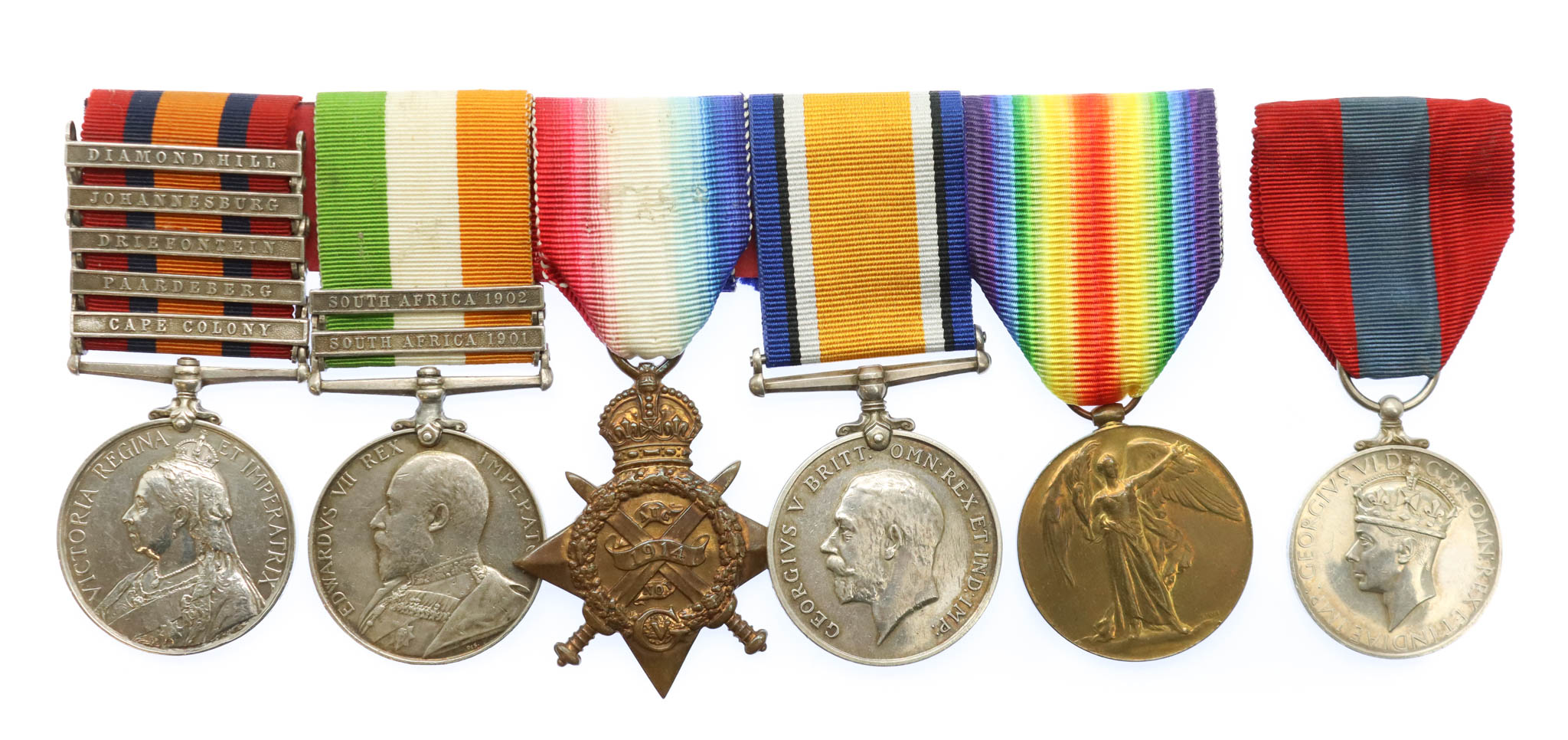QSA (Clasps - Cape Colony, Paardeberg, Driefontein, Johannesburg, Diamond Hill), KSA (Clasps - South Africa 1901, South Africa 1902), 1914 Mons Star, British War Medal, Victory Medal & George VI Imperial Service Medal Group of Six - Dvr. A. Boyall, Army Service Corps