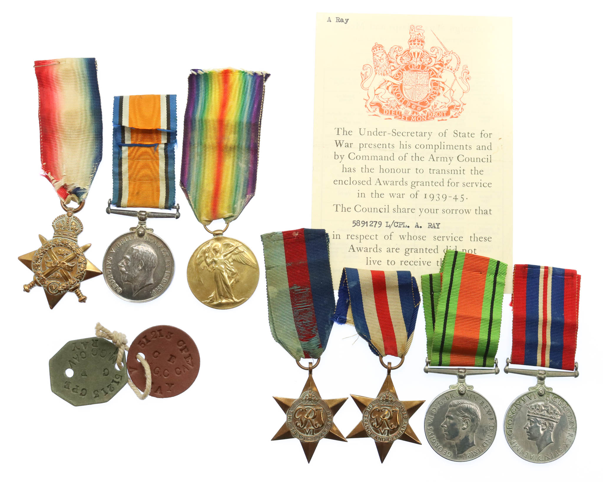 Ray Family WW1 / WW2 Father & Son Casualty Medal Group - 10th Hussars / M.G.C. (Cav.) and 2nd Bn. Lincolnshire Regiment