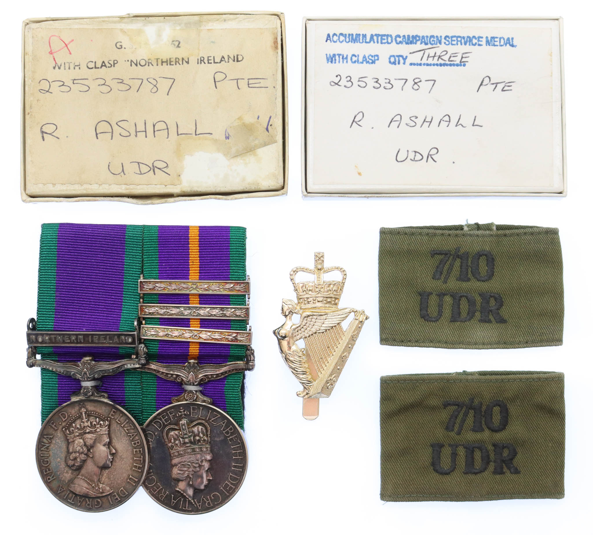Scarce 1962 General Service Medal (Clasp - Northern Ireland) and Accumulated Campaign Service Medal (with 3 Clasps) Pair with Medallion, Badges, Boxes, Certificates, Etc. - Pte. R. Ashall, 7th / 10th (City of Belfast) Bn. Ulster Defence Regiment