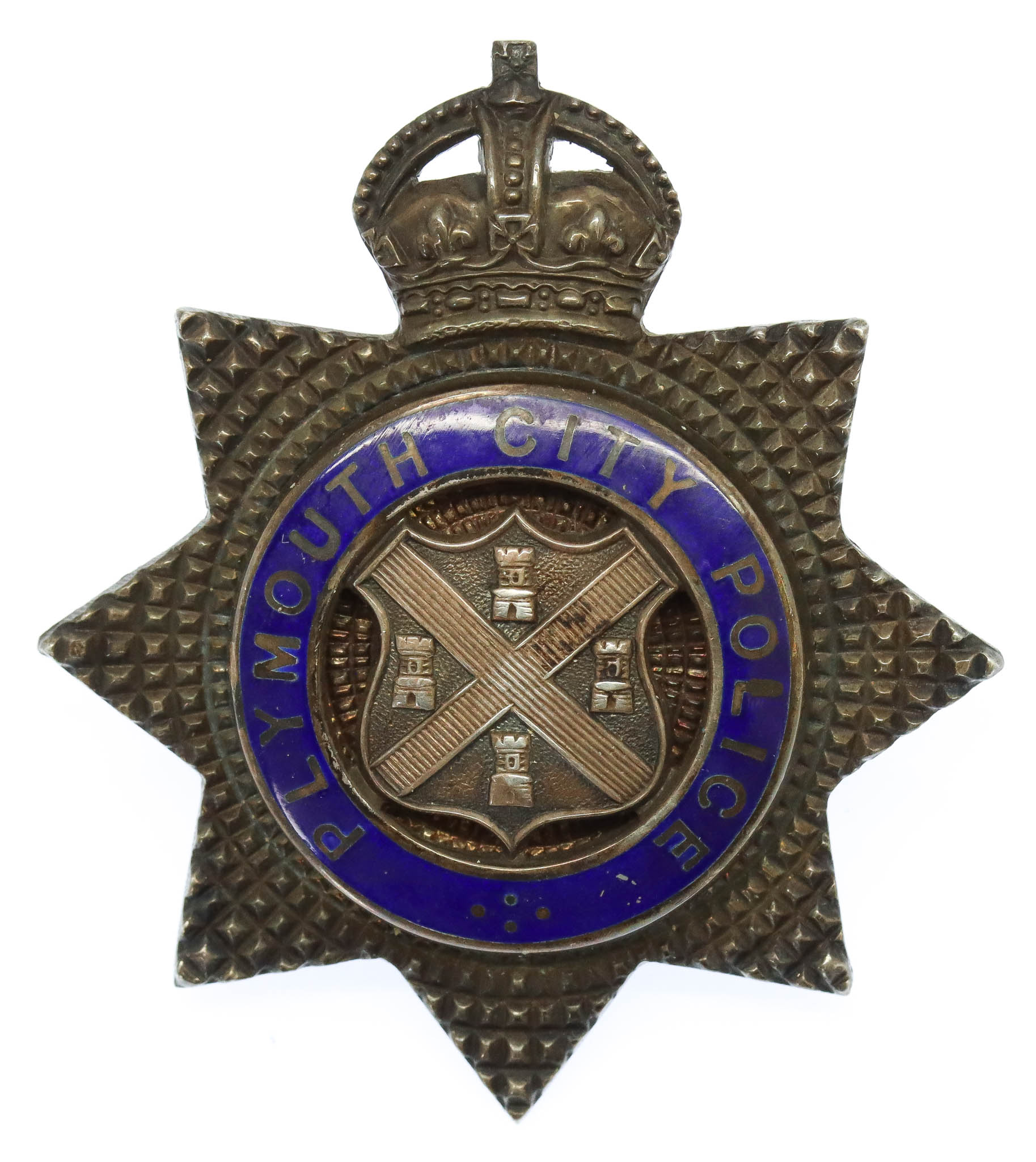 Scarce Plymouth City Police Senior Officer's Sterling Silver & Enamel Cap Badge - King's Crown