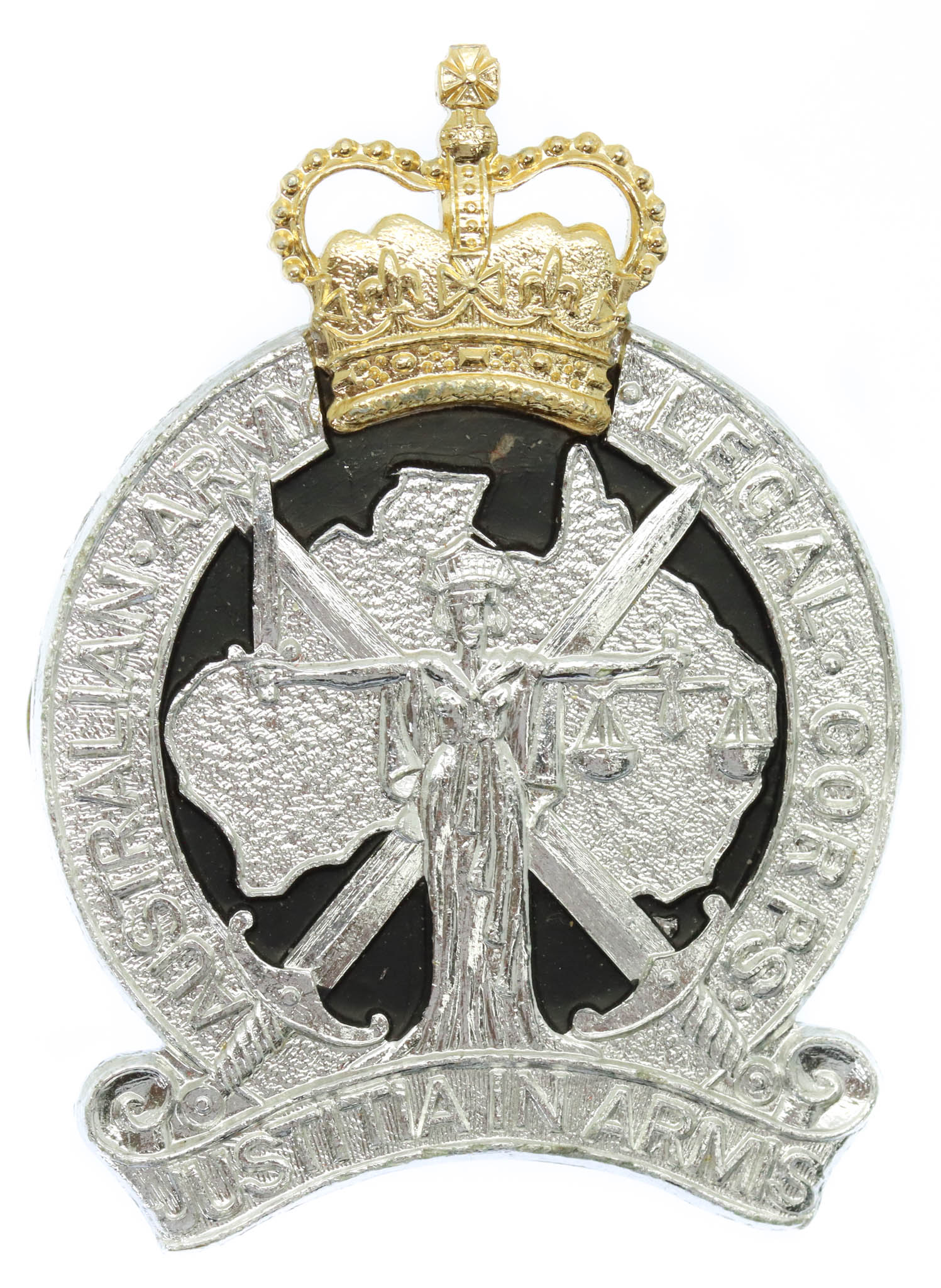  Australian Army Legal Corps Anodised (Staybrite) Cap Badge - Queen's Crown