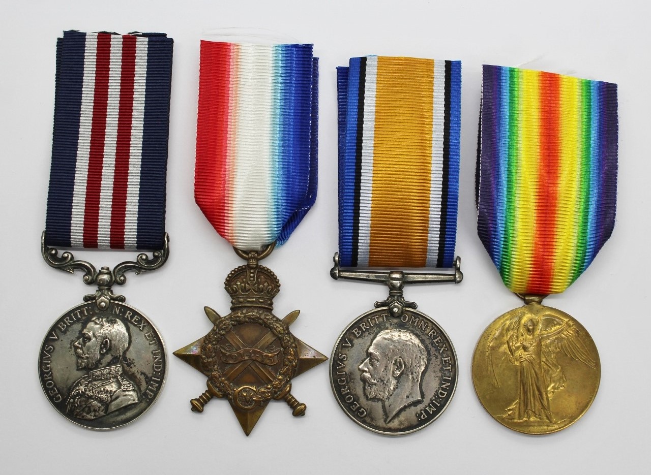 WW1 Military Medal, 1914-15 Star, British War & Victory Medal Group of Four - Sjt. G. Lewis, 18th (1st Public Works Pioneers) Bn. Middlesex Regiment - K.I.A.